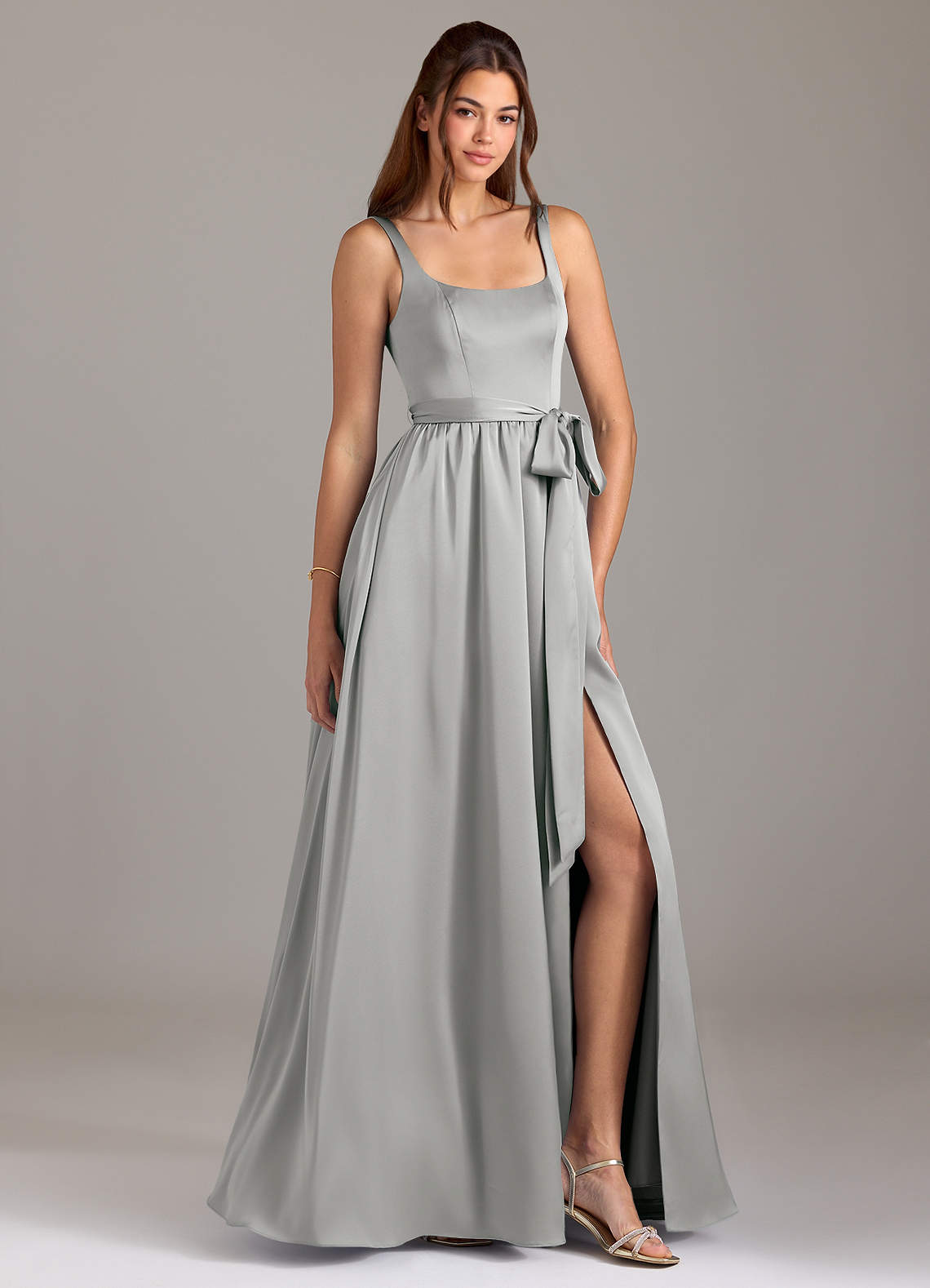 Azazie Elliott Brautjungfernkleider A-Linie mit Taschen Stretch-Satin Kleid Silber image1
