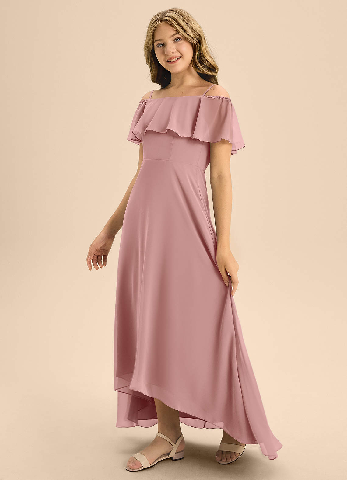 Azazie Maggie Junior A-Linie Schulterfrei Chiffon Kleid Altrosa image3