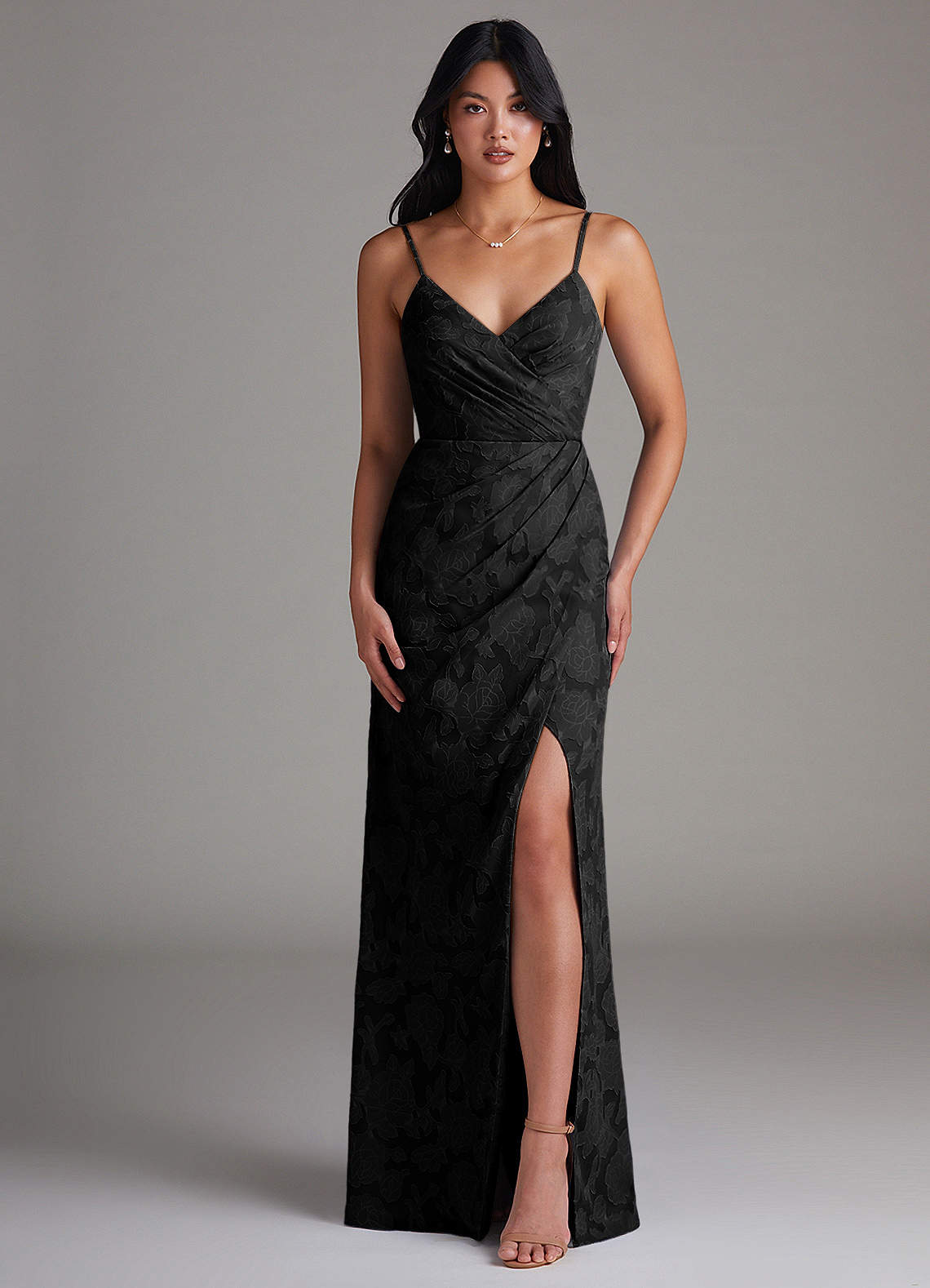 Azazie Maci Bridesmaid Dresses Black Sheath Pleated Floral Burnout Dress image1