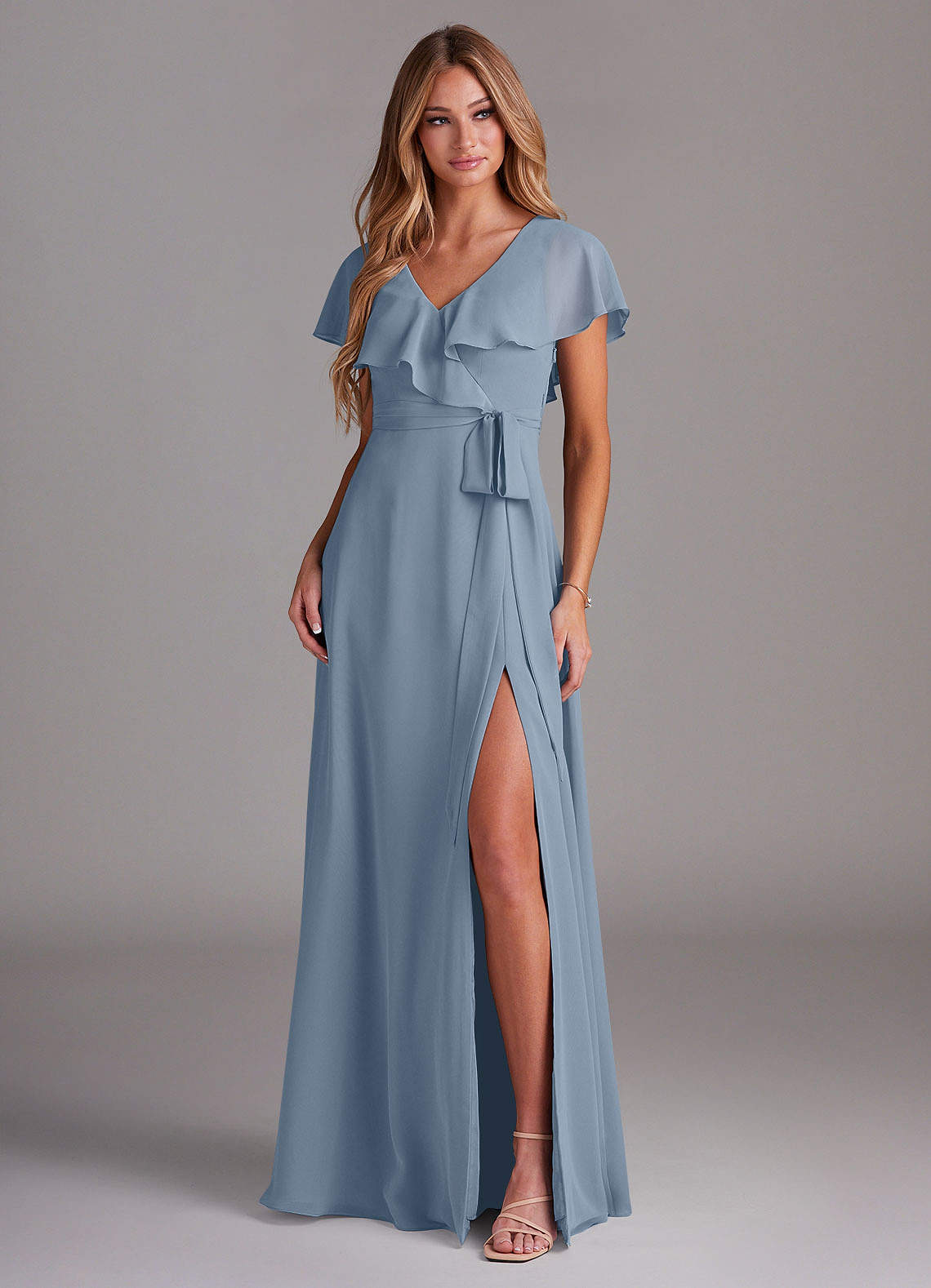 Azazie Lainey At-home Try On Dresses Dusty Blue A-Line with Pockets Chiffon Dress image2