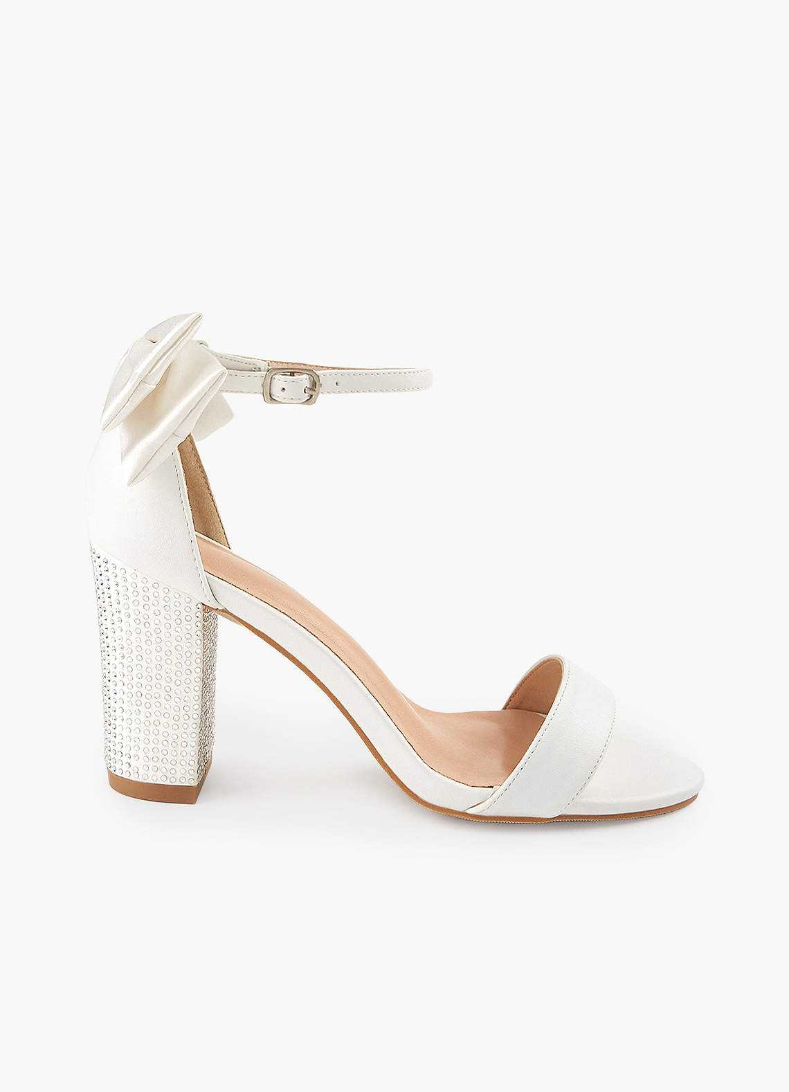 front Satin Bow and Rhinestone Block Heel Sandals