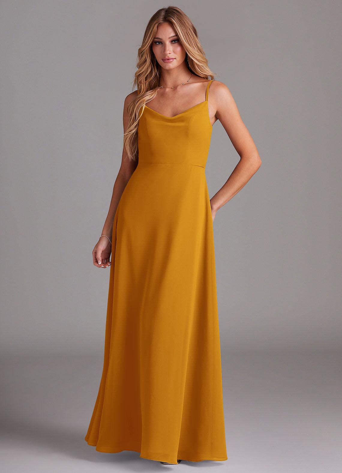 Azazie Daenerys Bridesmaid Dresses Butterscotch A-Line Cowl Chiffon Dress image1