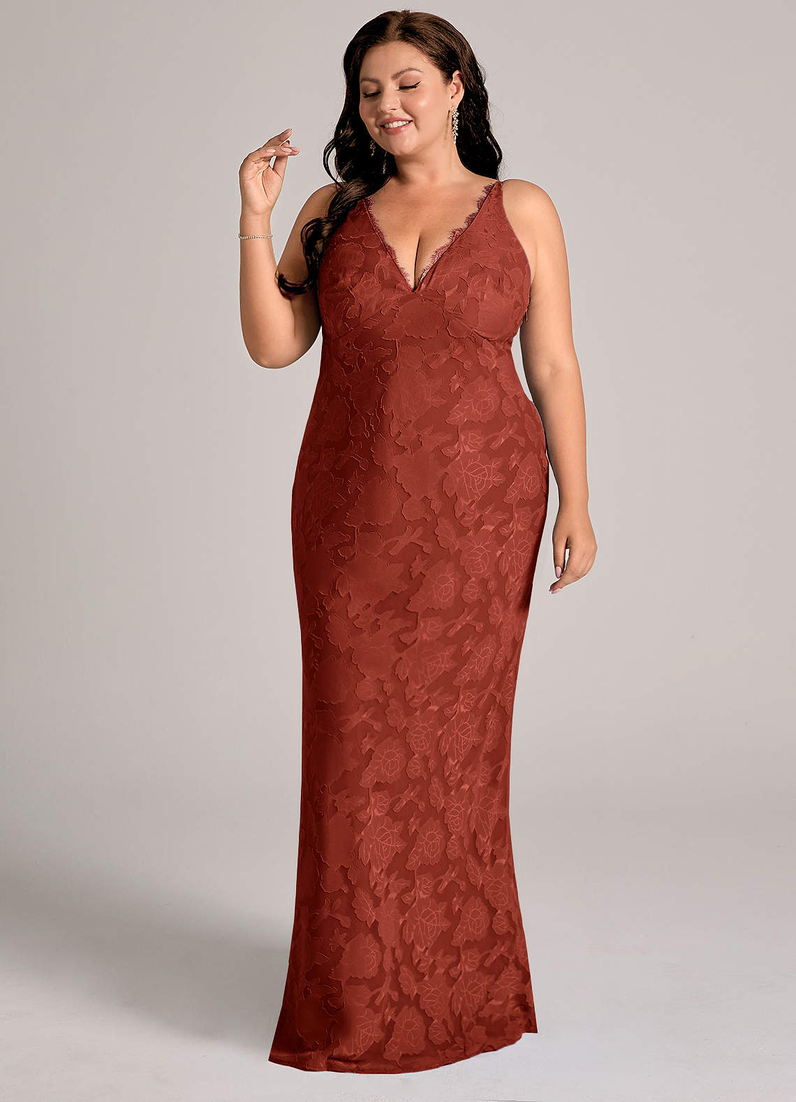 Azazie Tianna Bridesmaid Dresses Terracotta Sheath Lace Floral Burnout Dress image9