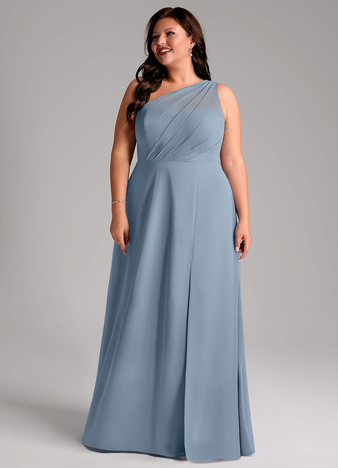 Azazie Phaedra Vestidos de damas de honor Vestido de Azul Polvoriento de Gasa de Corte en A con Hombro unilateral image7