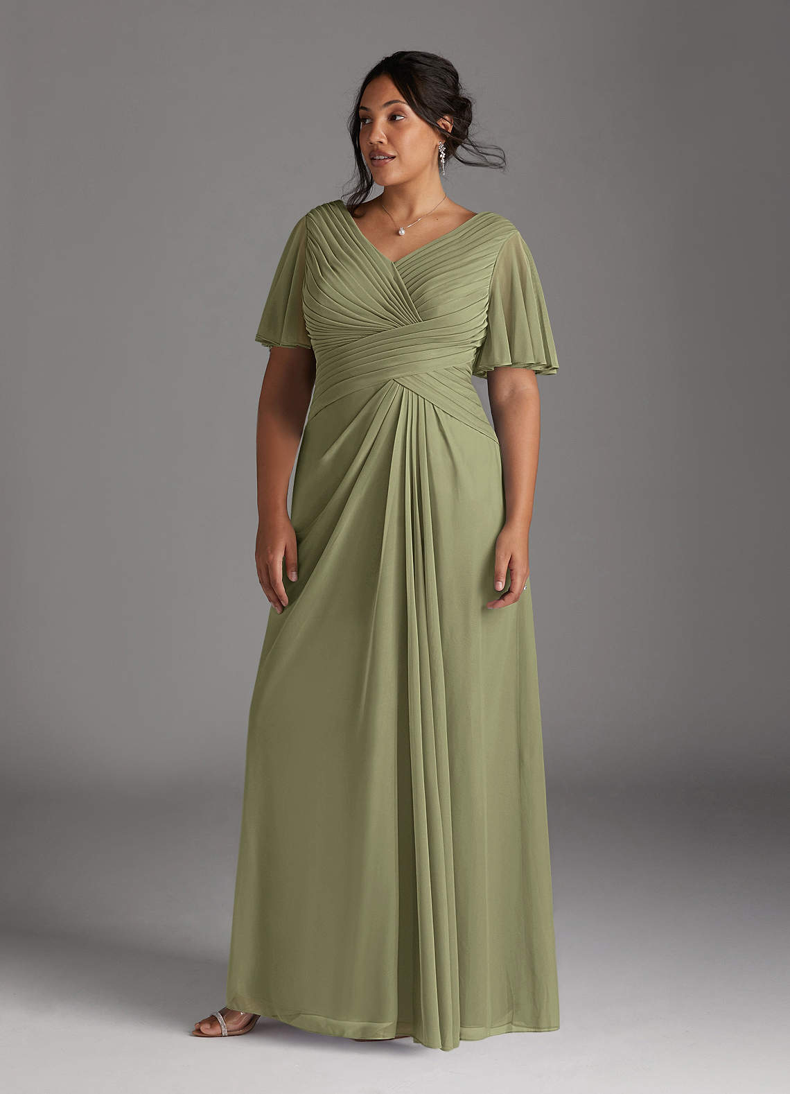 Azazie Emmeline Mother of the Bride Dresses Pistachio A-Line V-Neck Pleated Mesh Dress image1