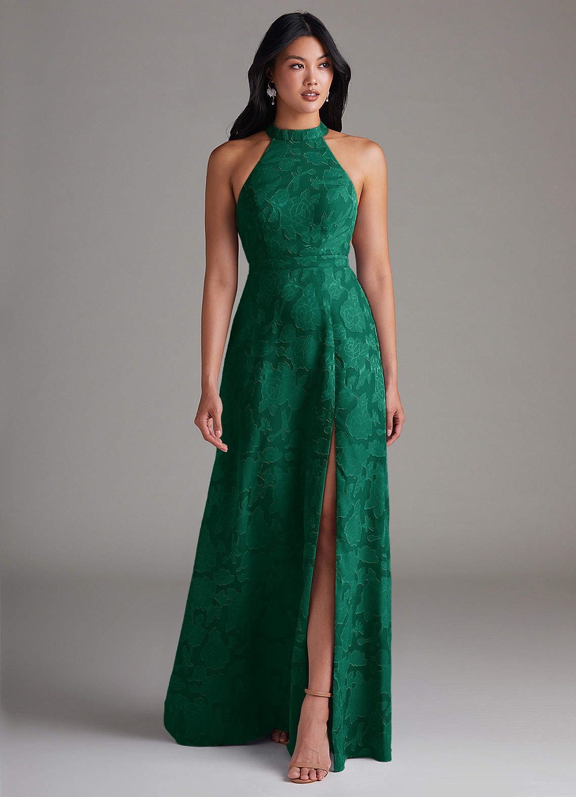 Azazie Clarice Bridesmaid Dresses Emerald A-Line Side Slit Floral Burnout Dress image1