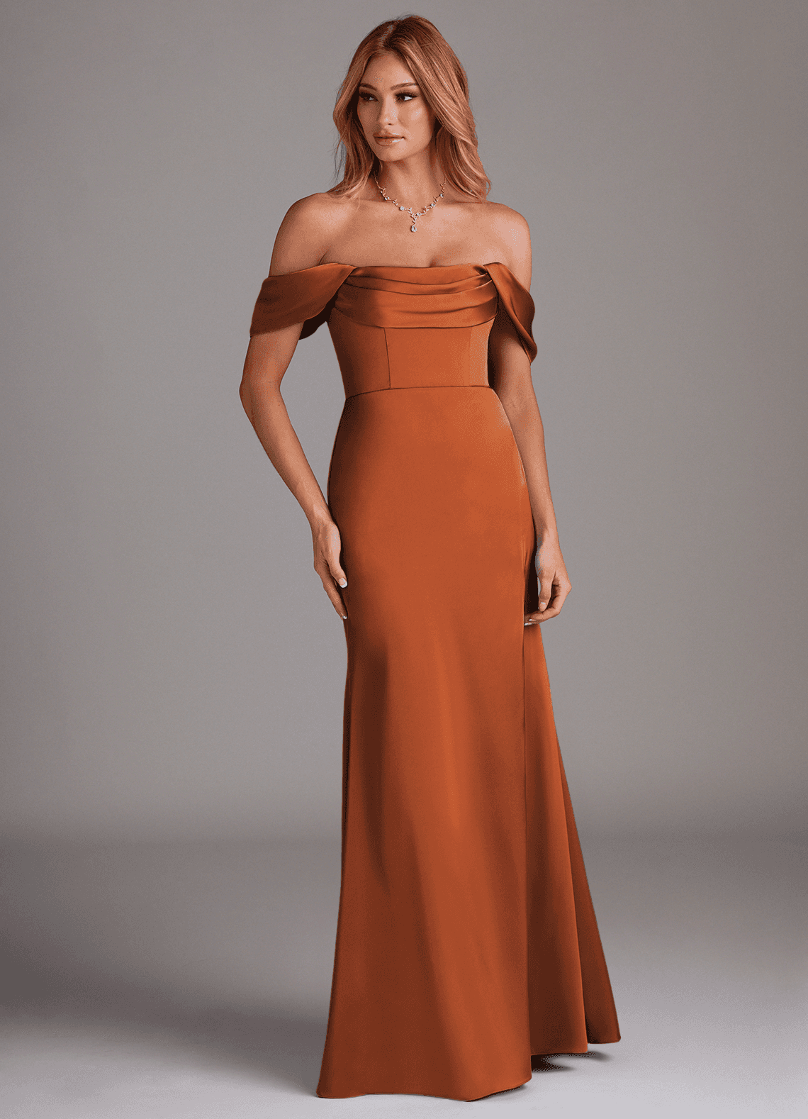 Azazie Saige Bridesmaid Dresses Cinnamon Sheath Off the Shoulder Stretch Satin Dress image3