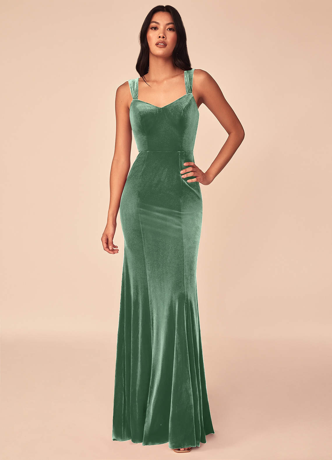 Azazie Lanessa Bridesmaid Dresses Eucalyptus Mermaid V-Neck Keyhole Back Velvet Dress image1