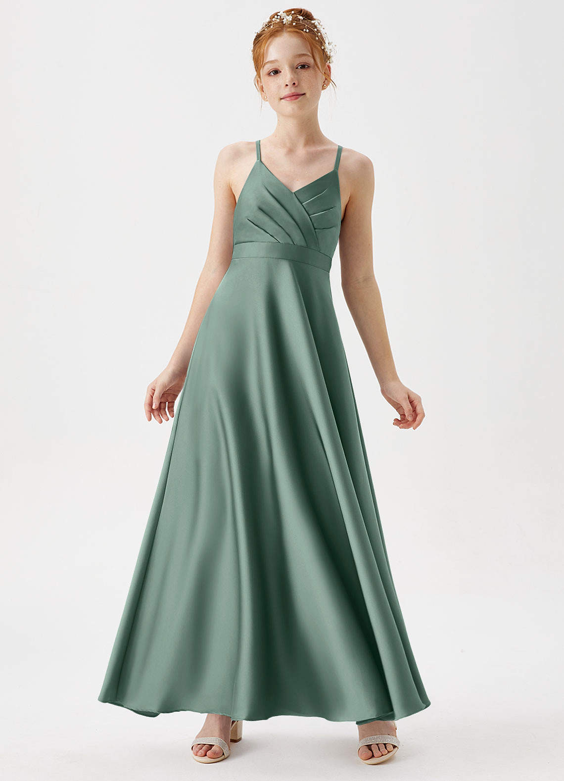 Azazie Avelina Junior A-Linie Plissee Stretch-Satin Kleid Eukalyptus image1