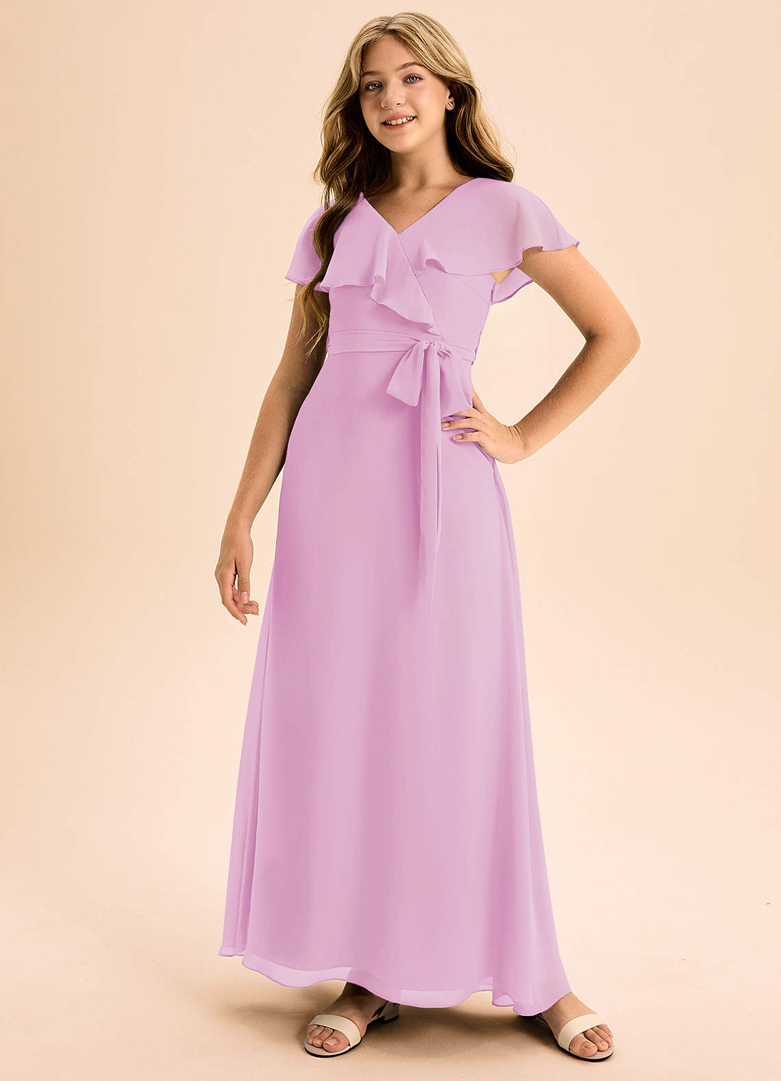 Azazie Lainey Junior Vestido de Rosa Caramelo de Gasa de Corte En A con Con bolsillos image4