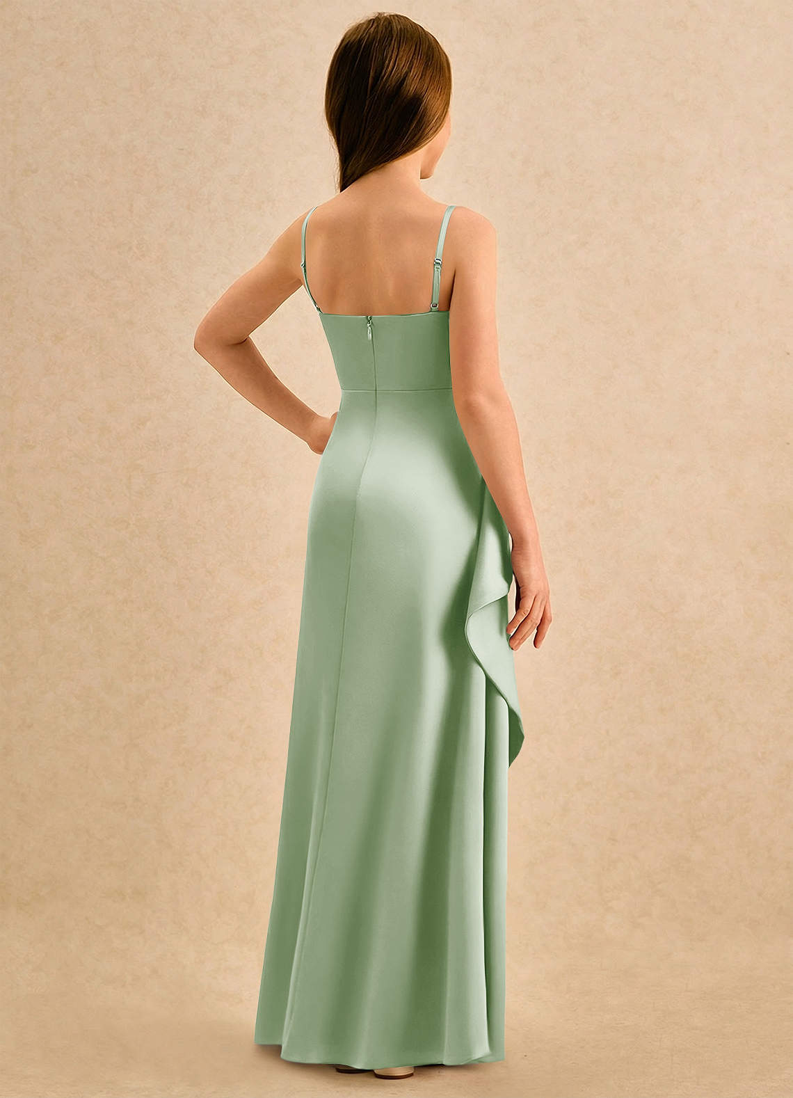 Azazie Cannoli Girls Formal Robe Demoiselle D'honneur Fillette Robe Trapèze en Mat Satiné Plissée Vert Sauge image1
