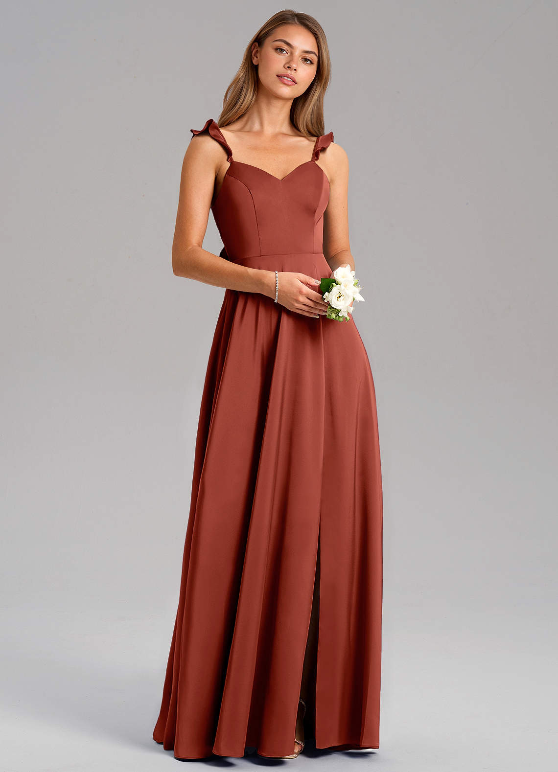 Azazie Everett Robes de demoiselle d'honneur Robe Trapèze en Satin extensible Terracotta image1