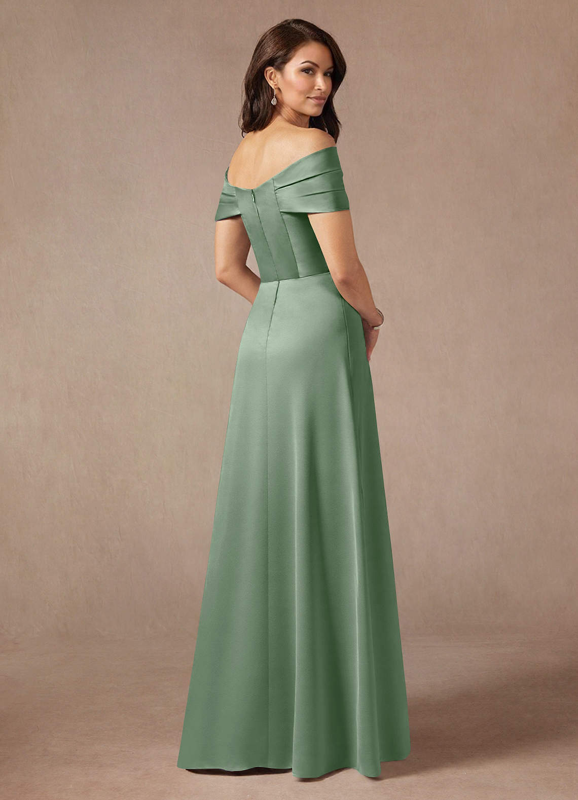 Azazie Amelia Mother of the Bride Dresses Matcha A-Line Off the Shoulder Stretch Satin Dress image1