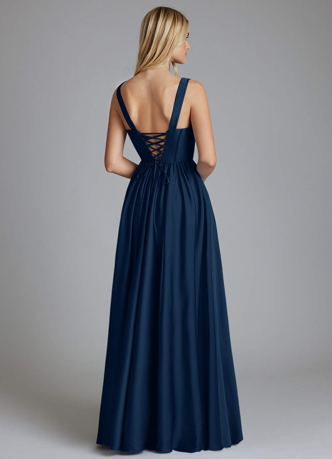 Azazie Delmie Vestidos de madrinha de casamento Vestido Azul Marinho de Cetim elástico de Linha A com Corpete image1