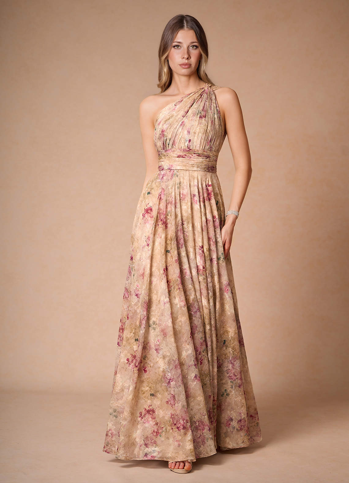 Hestia Dusty Floral One Shoulder Maxi Dress | Azazie CA