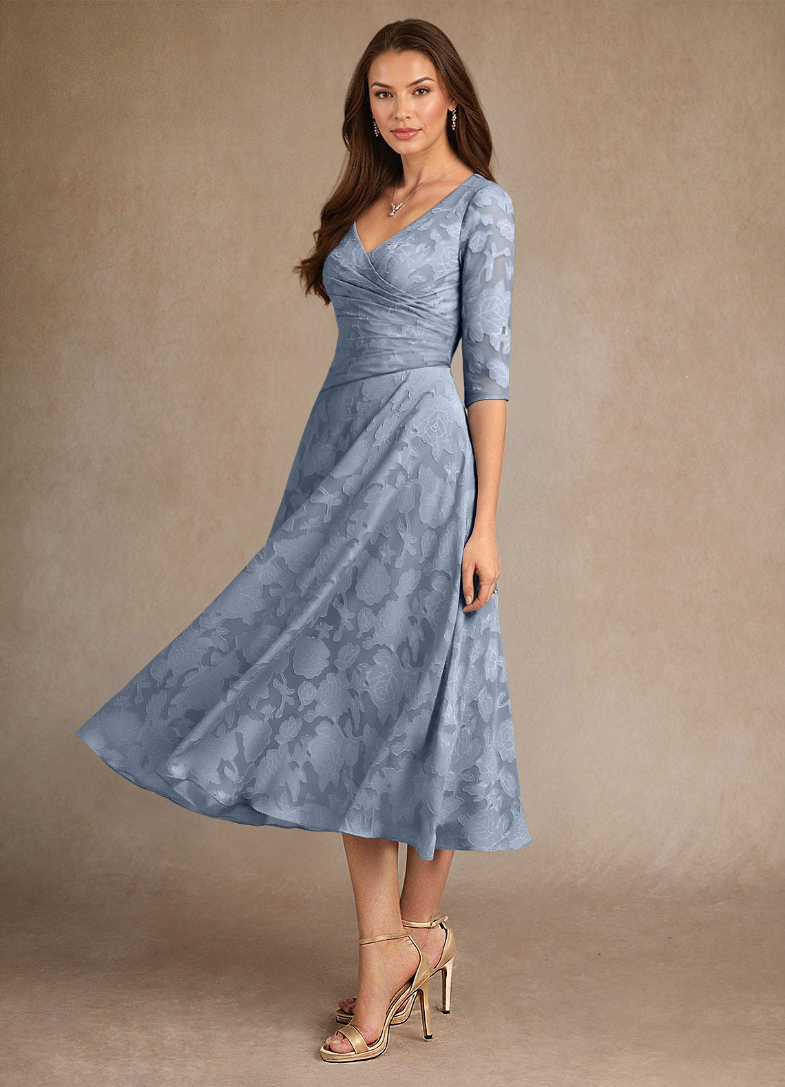 Azazie Durant Mother of the Bride Dresses Dusty Blue A-Line Pleated Floral Burnout Dress image1