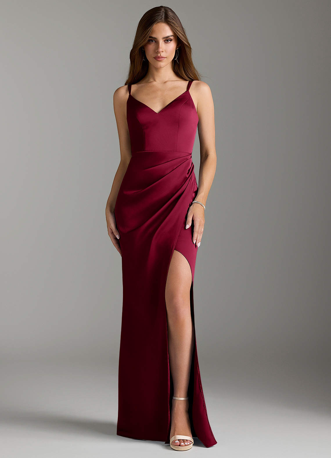 Azazie Leo Bridesmaid Dresses Burgundy Sheath Pleated Stretch Satin Dress image1