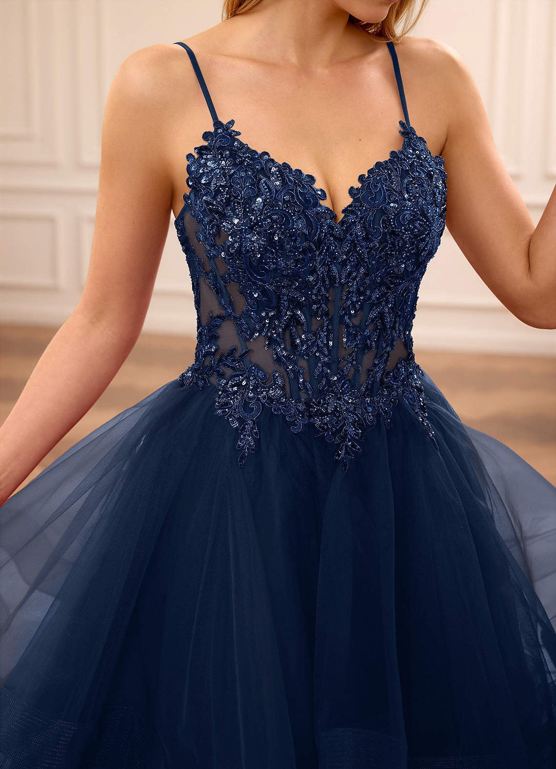 navy blue tiered prom dress Wedtrend Women Navy Prom Dress A Line Spaghetti Straps Corset Tulle Long Party Dress with Appliques, Navy / US12