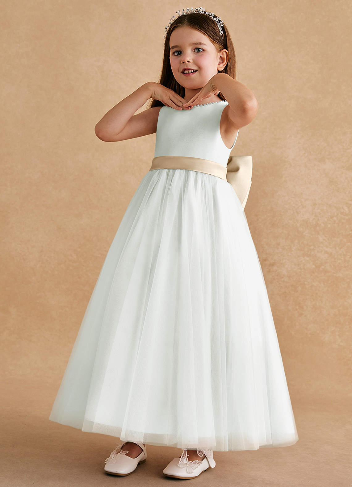 Azazie Cookie Flower Girl Dresses Ivory Champagne A-Line Bow Tulle Dress image3