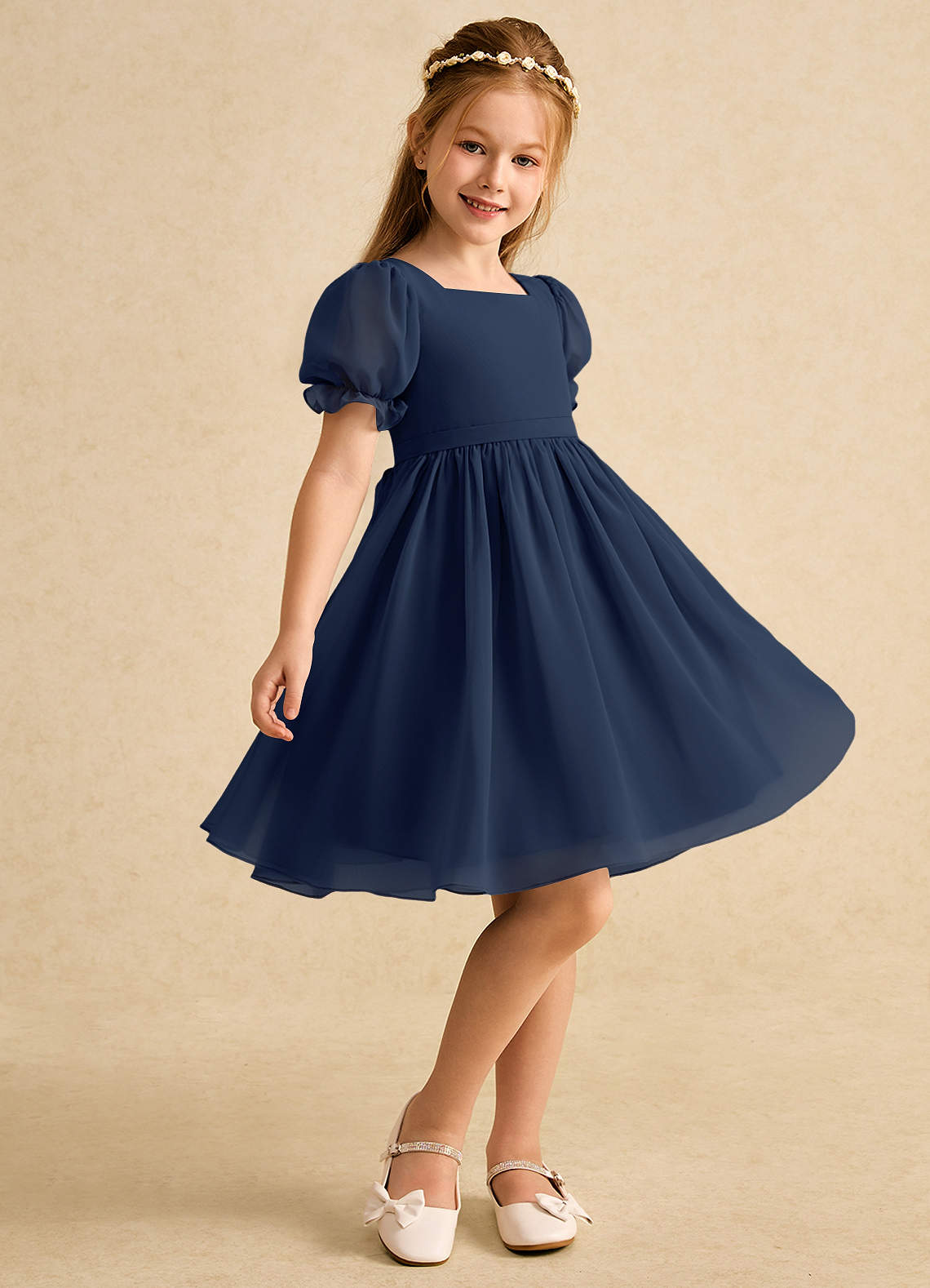 Azazie Jolie Blumenmädchenkleider A-Linie mit ärmel Chiffon Kleid Dunkelmarine image1