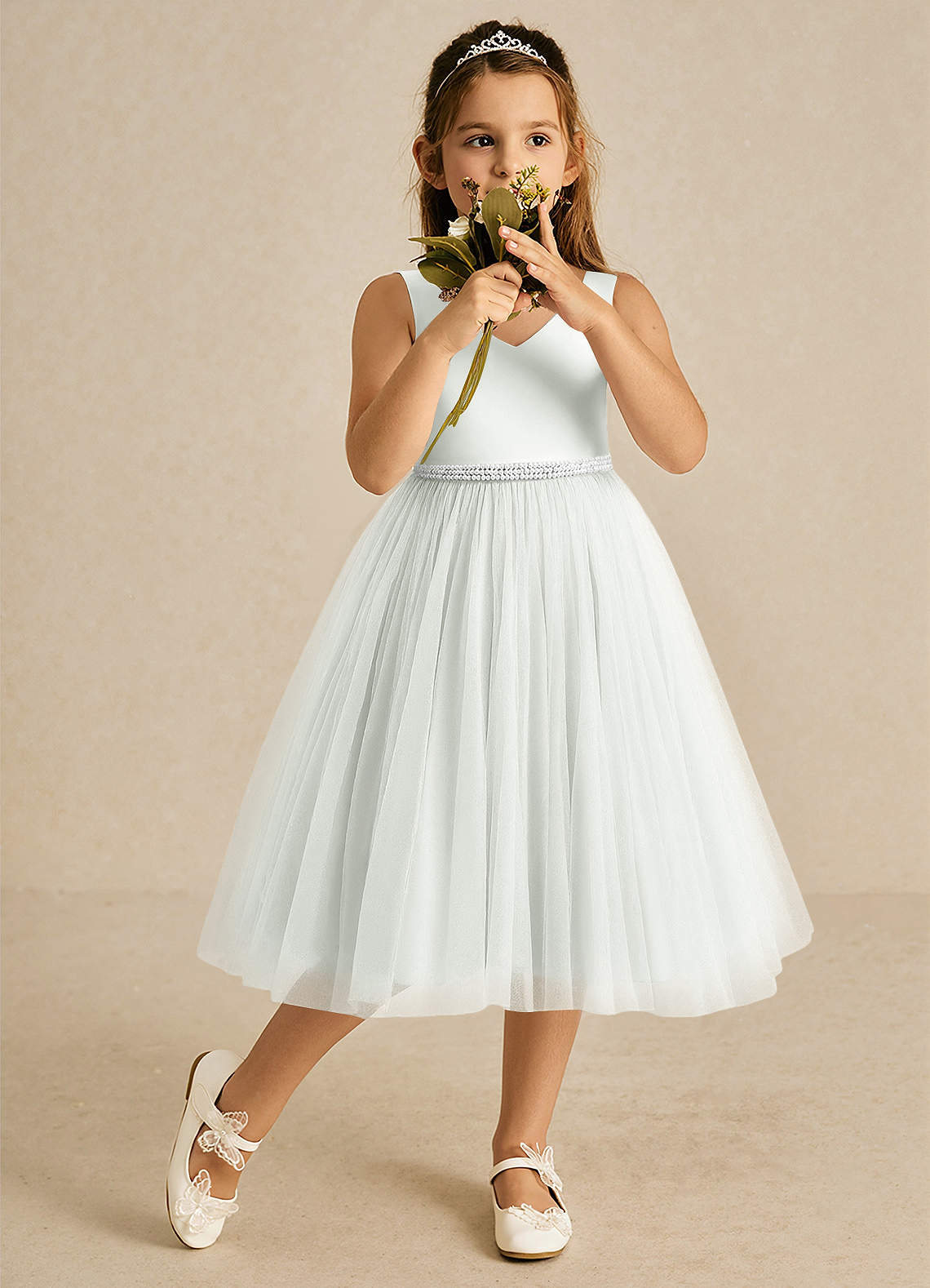 Azazie Firefly Flower Girl Dresses Ivory A-Line Bow Matte Satin Dress image1