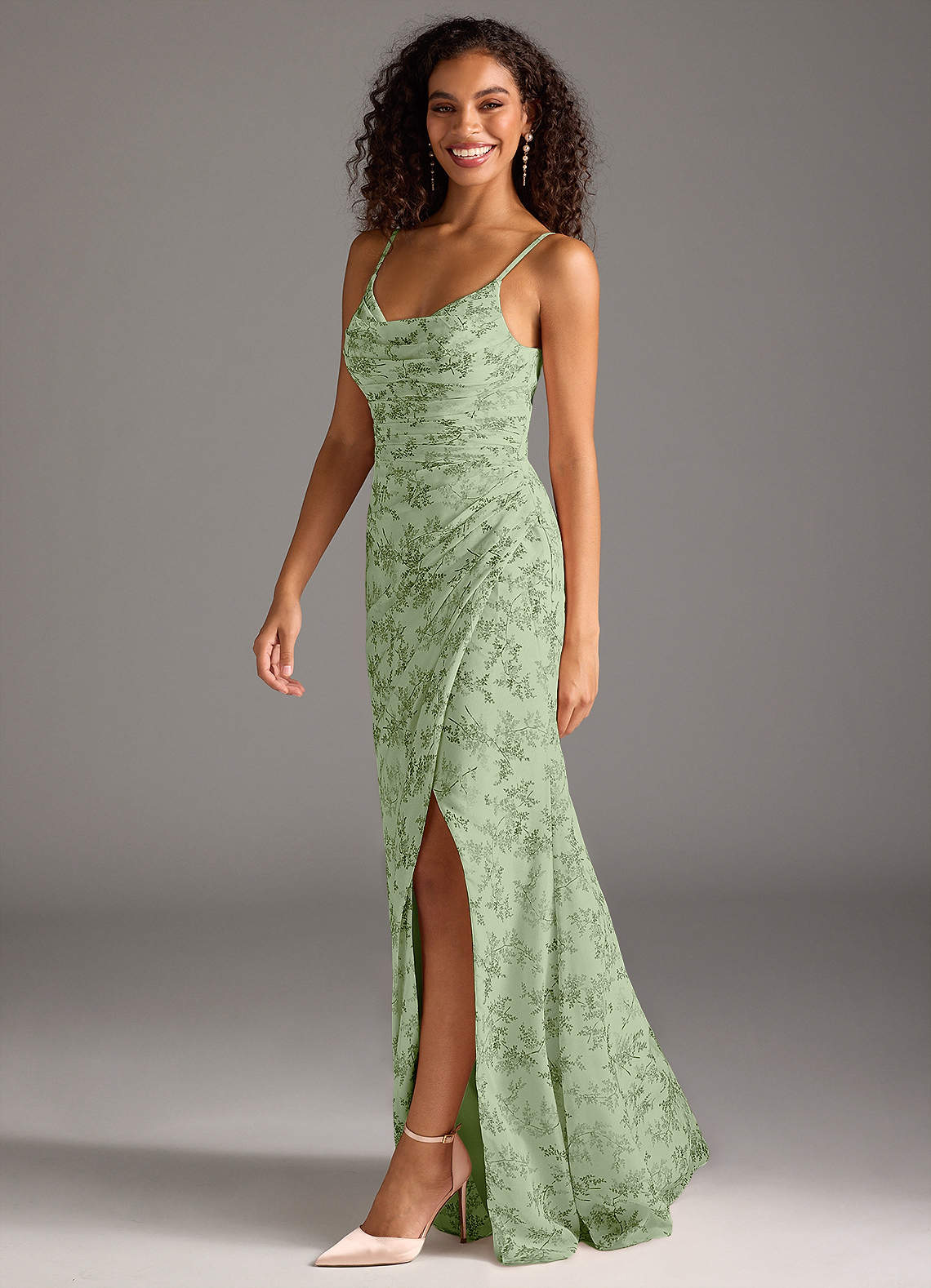 Azazie Deandra Bridesmaid Dresses Green Fern Floral Mermaid Pleated Chiffon Dress image1