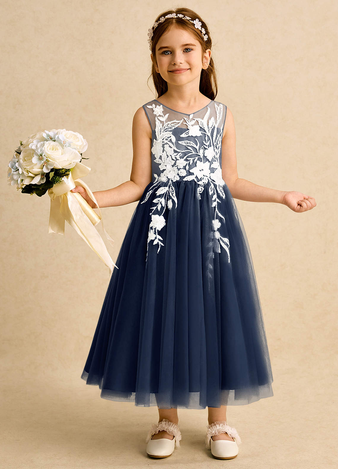 Azazie Sundae Robe Demoiselle D'honneur Fillette Robe Princesse en Dentelle Bleu Marine Foncé image1