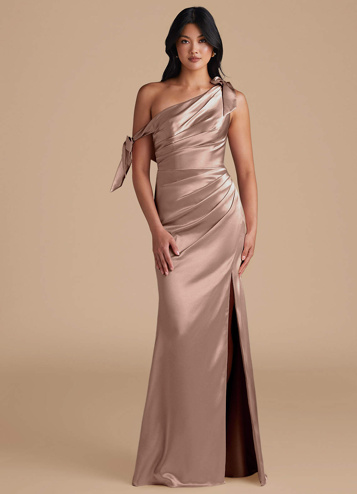 Azazie Xyla Bridesmaid Dresses Taupe Sheath Off the Shoulder Metallic Satin Convertible Dress image1