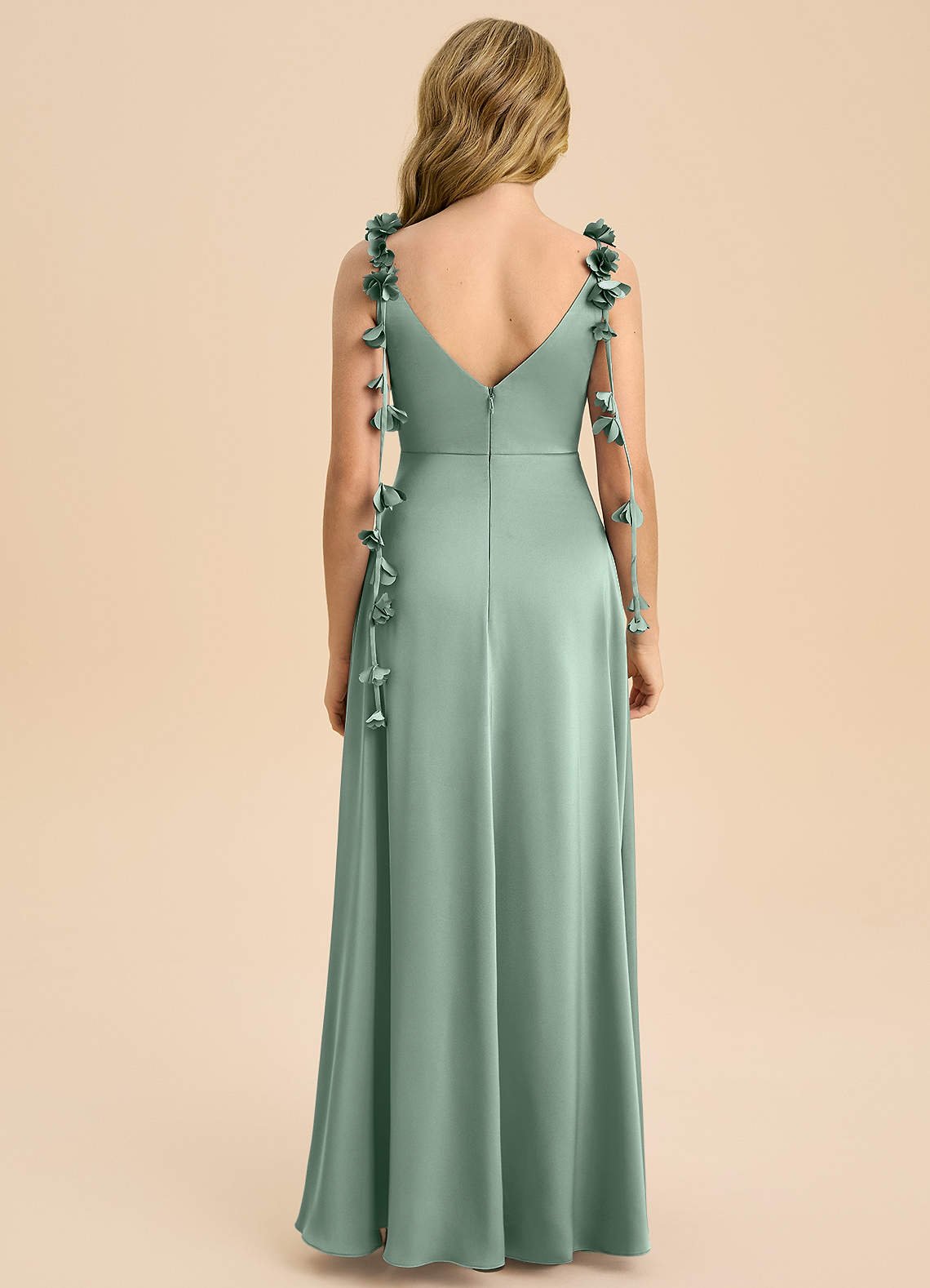 Azazie Gumdrop Junior Agave Empire Pleated Stretch Satin Dress image6