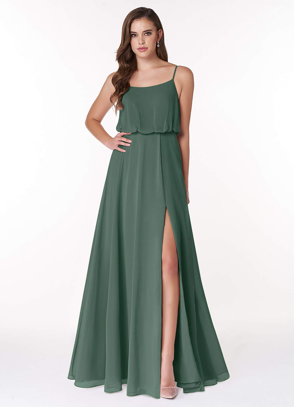 Azazie Lupe Abiti da Damigella Abito A-Line in Chiffon Blouson con Scollo a U Muschio Marino image1