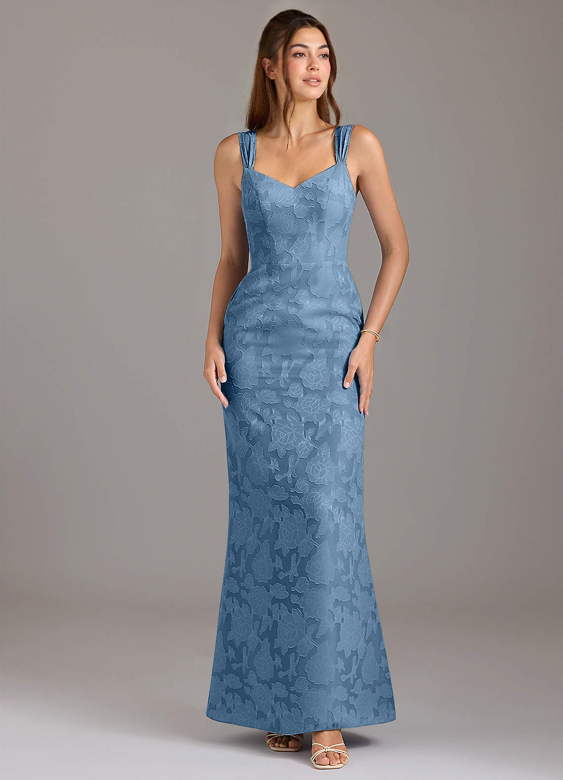 Azazie Denice Bridesmaid Dresses Steel Blue A-Line Pleated Floral Burnout Dress image1