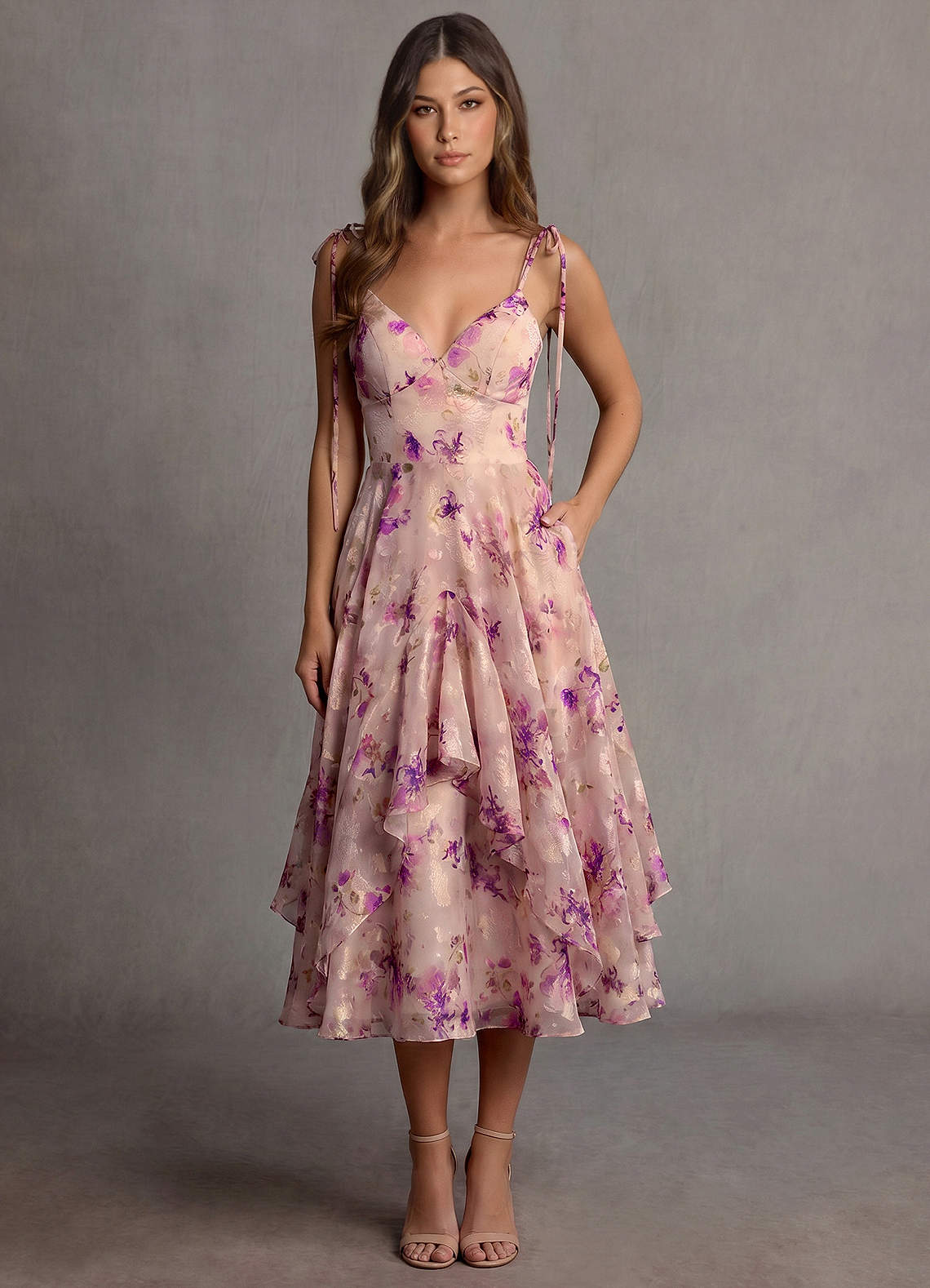 in my dreams mauve floral print midi dress Azazie Midi Dresses A-Line Semi-Formal Dresses V Neck Ruffles Mauve Floral