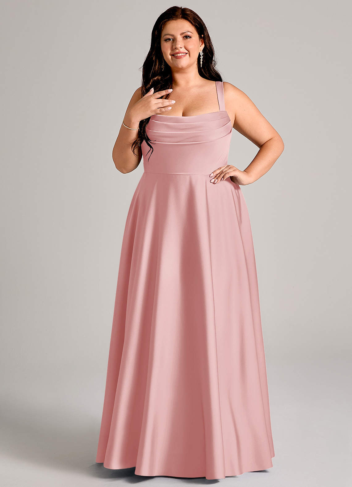 Azazie Shaude Bridesmaid Dresses Powder Pink A-Line Pleated Stretch Satin Dress image7