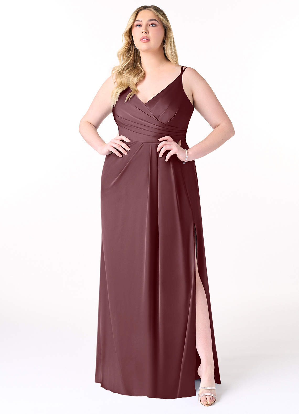 Azazie Aqua Bridesmaid Dresses Sangria A-Line V-Neck Pleated Stretch Satin Dress image1