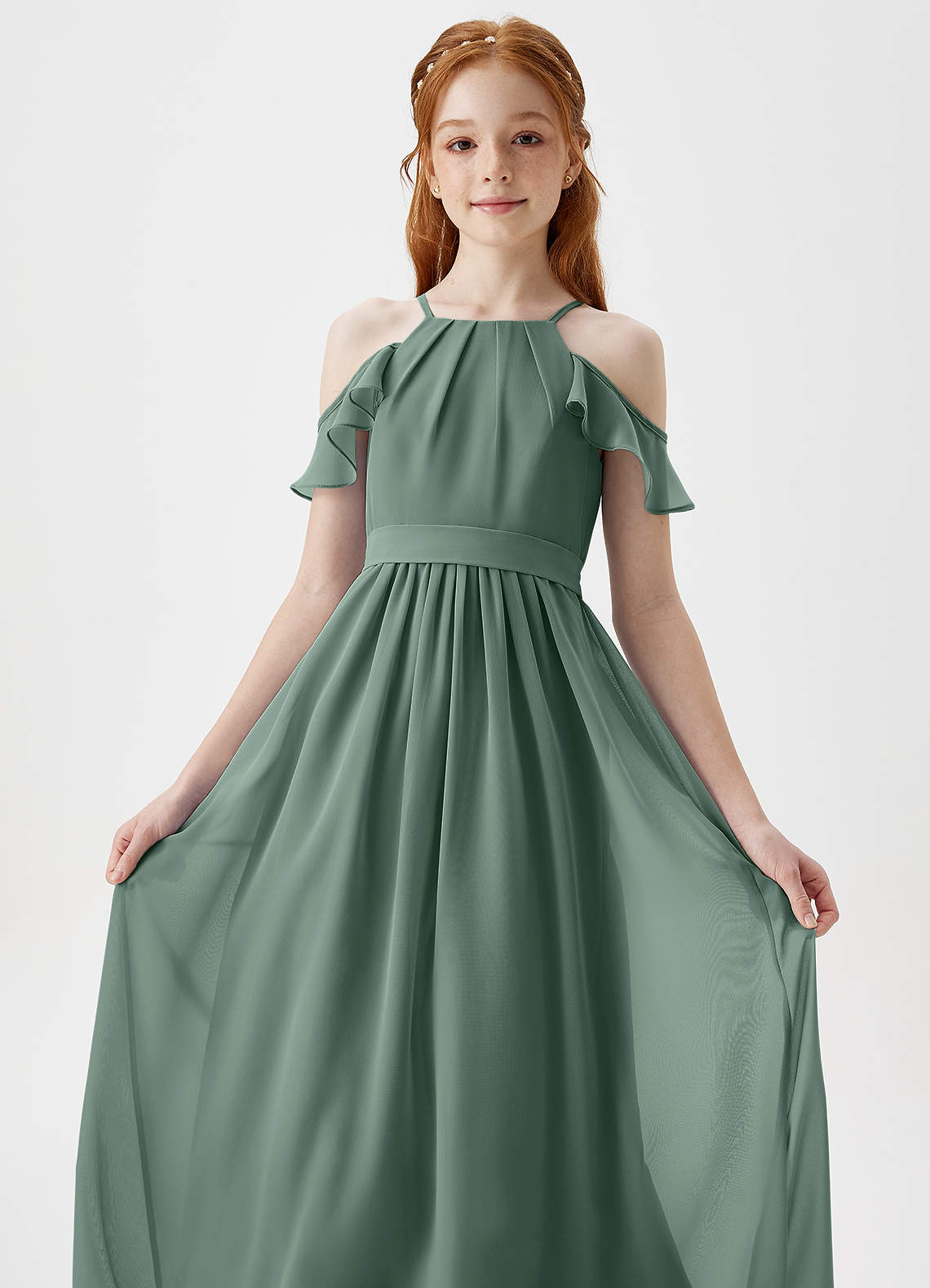 Azazie Chaya Junior Robe Trapèze en Mousseline de soie Épaule décolletée Eucalyptus image1