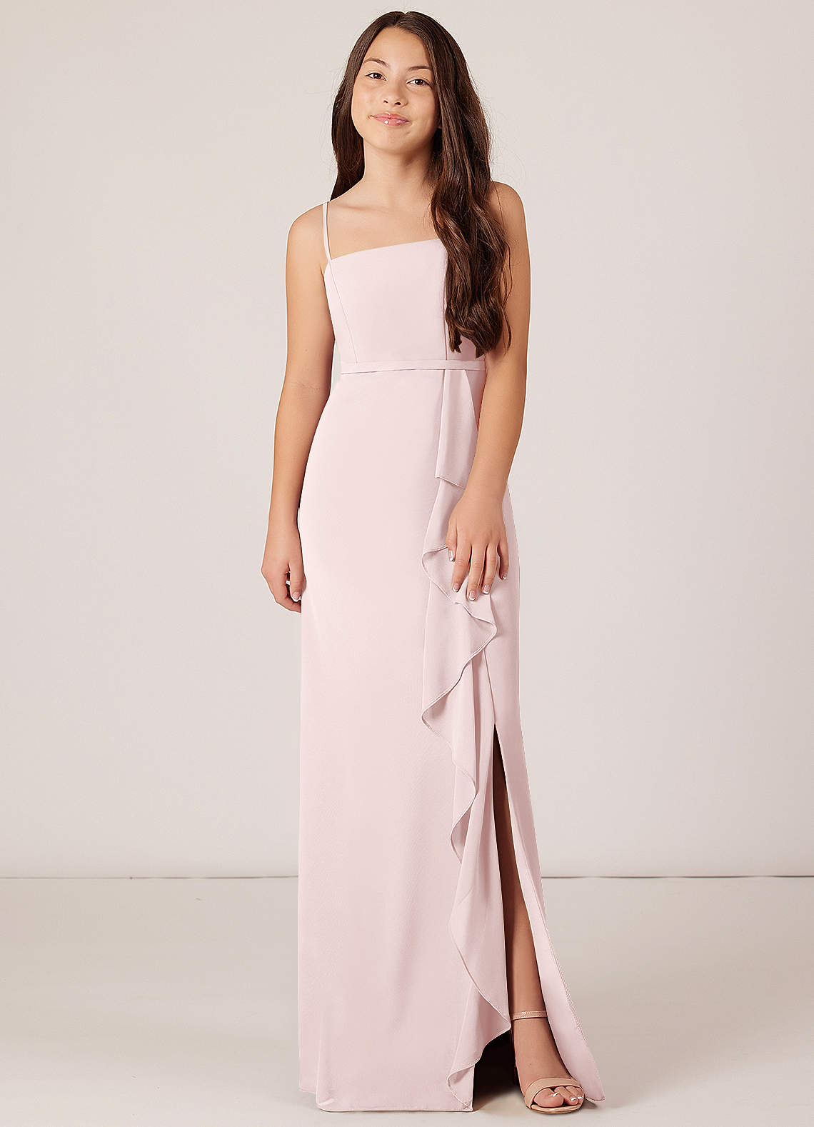 Azazie Kaylee Junior Blushing Pink A-Line with Belt Chiffon Dress image1