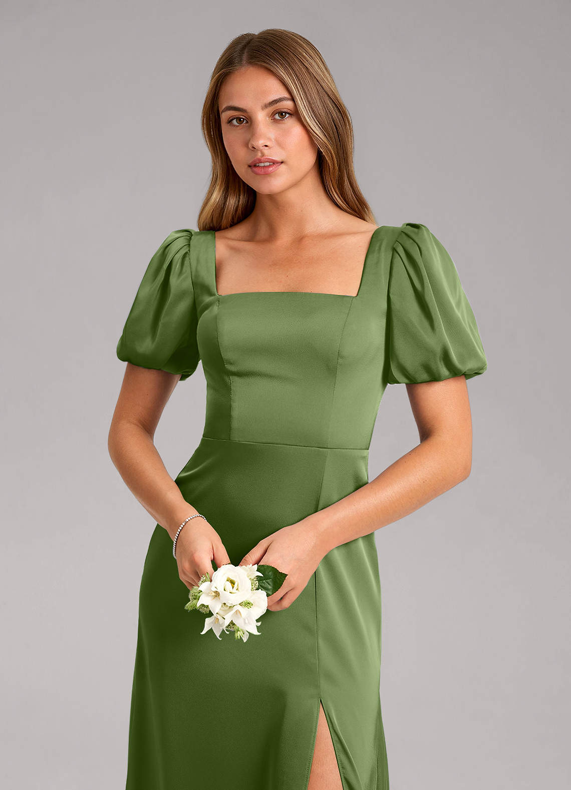 Azazie Fyona Vestidos de damas de honor Vestido de Enebro de Satén Elástico de Corte en A con Plisado image11