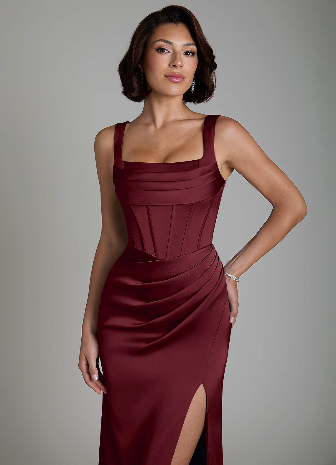 Azazie Amora At-home Try On Dresses Cabernet Mermaid Corset Stretch Satin Dress image2