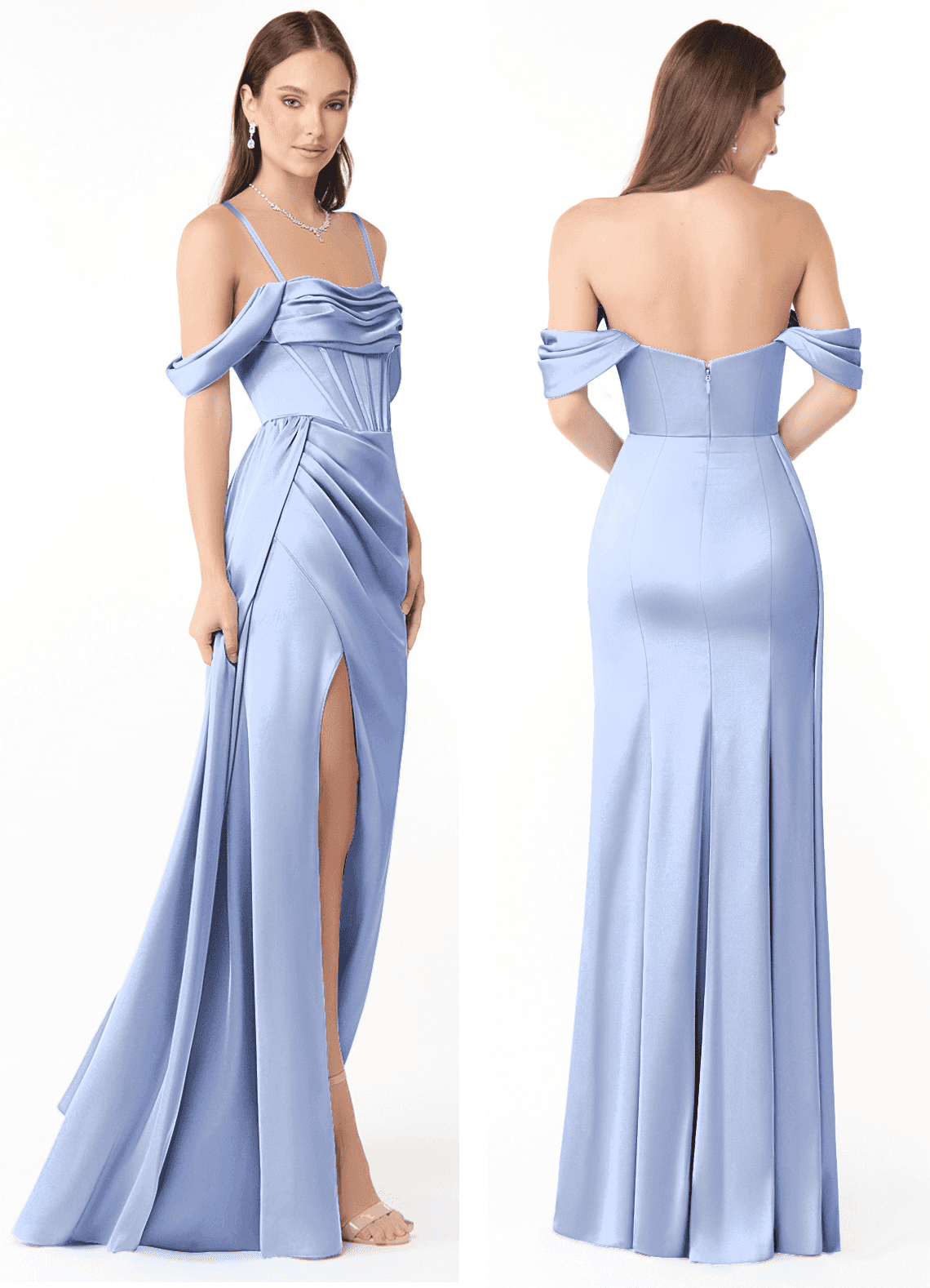 Azazie Amyra Robes de demoiselle d'honneur Robe Fourreau Convertible en Satin extensible Épaule décolletée Eis image1