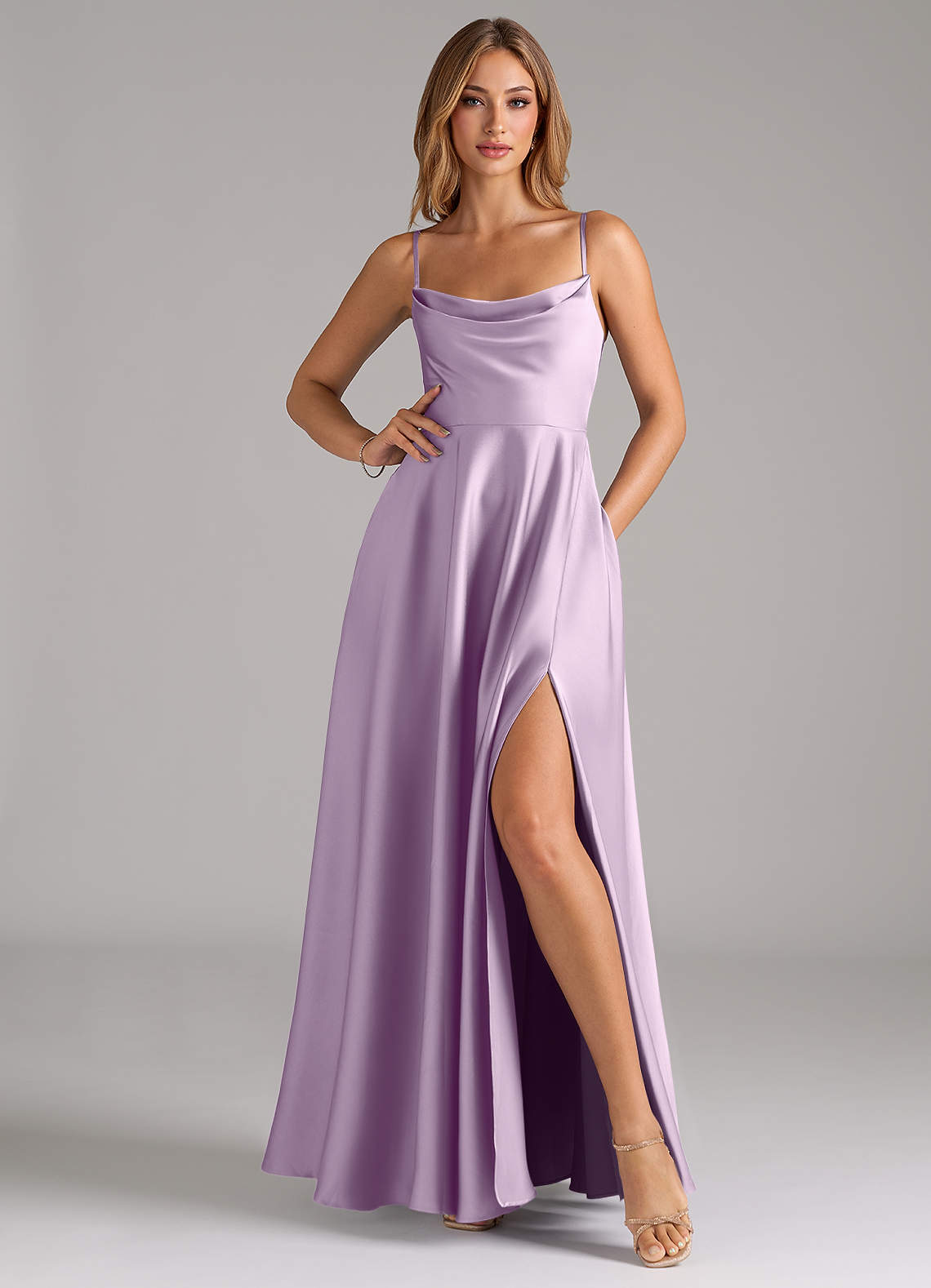 Azazie A-Line Cowl Neck Floor-Length Stretch Satin Bridesmaid Dresses - Frosted Lilac