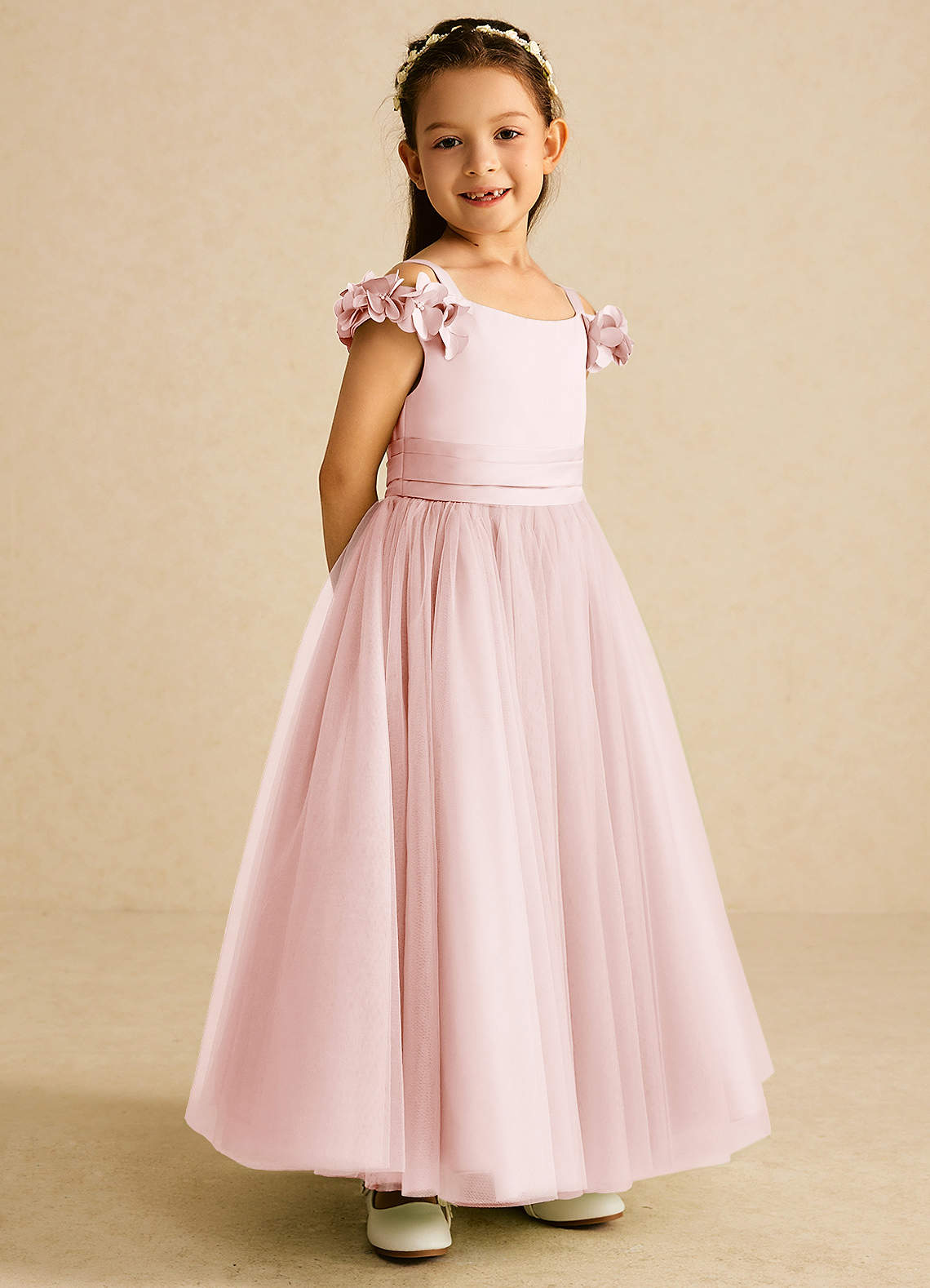 Azazie Jujube vestidos de niña de las flores Vestido de Rosa Rubor de Tul de Corte En A con Perla image1