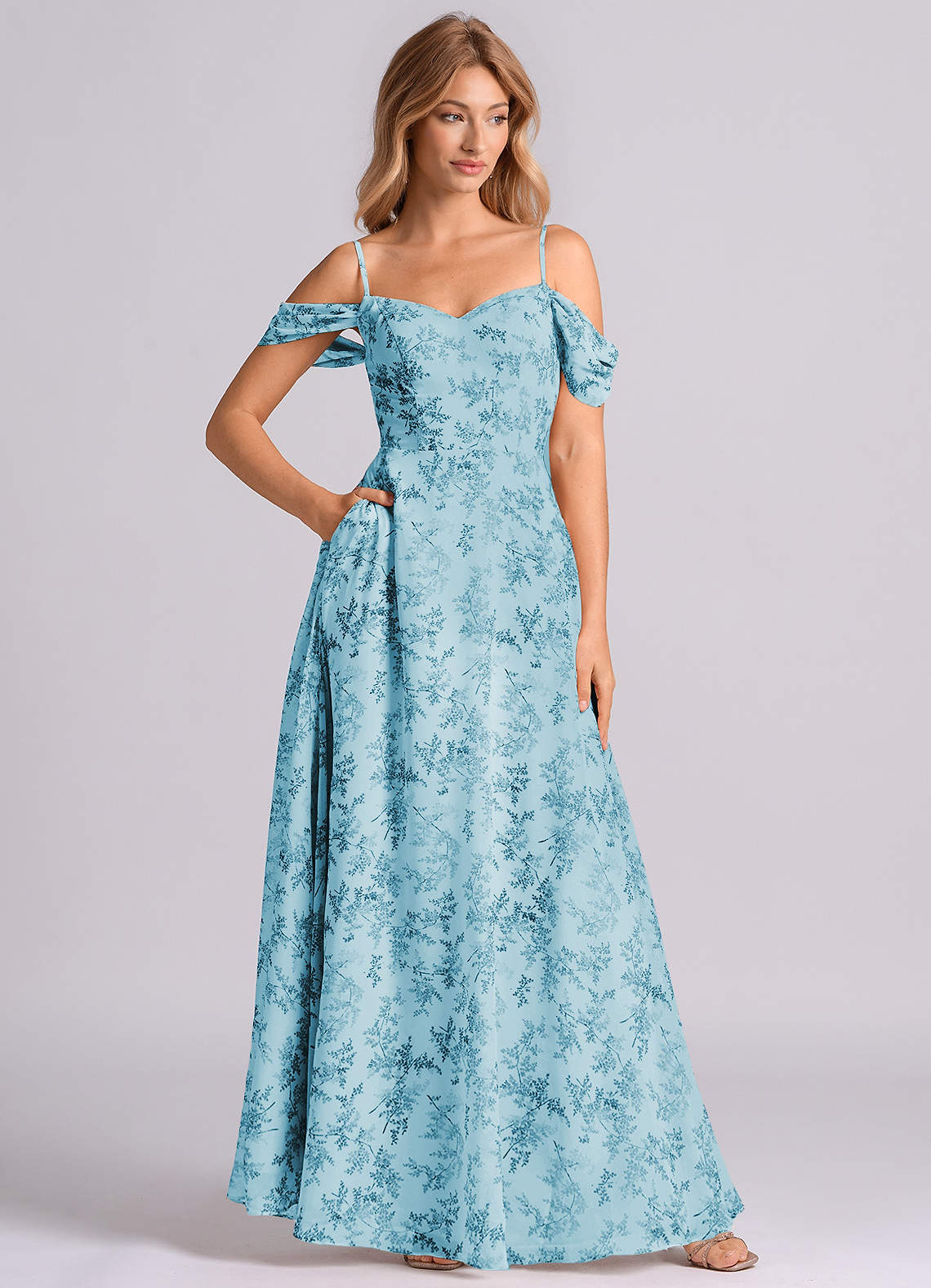 Azazie Marley Bridesmaid Dresses Blue Fern Floral A-Line Off the Shoulder Chiffon Convertible Dress image1