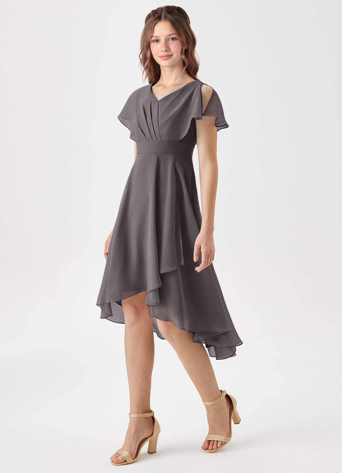 Azazie Graciela Junior Steel Grey A-Line Pleated Chiffon Dress image1