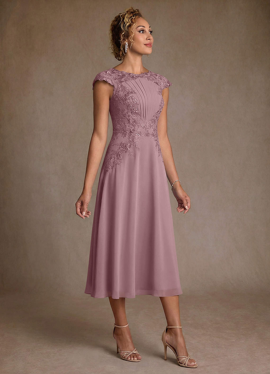 Azazie Crista Mère de la mariée Robes Robe Trapèze en Mousseline de soie Dentelle Rose Poussiéreuse image2