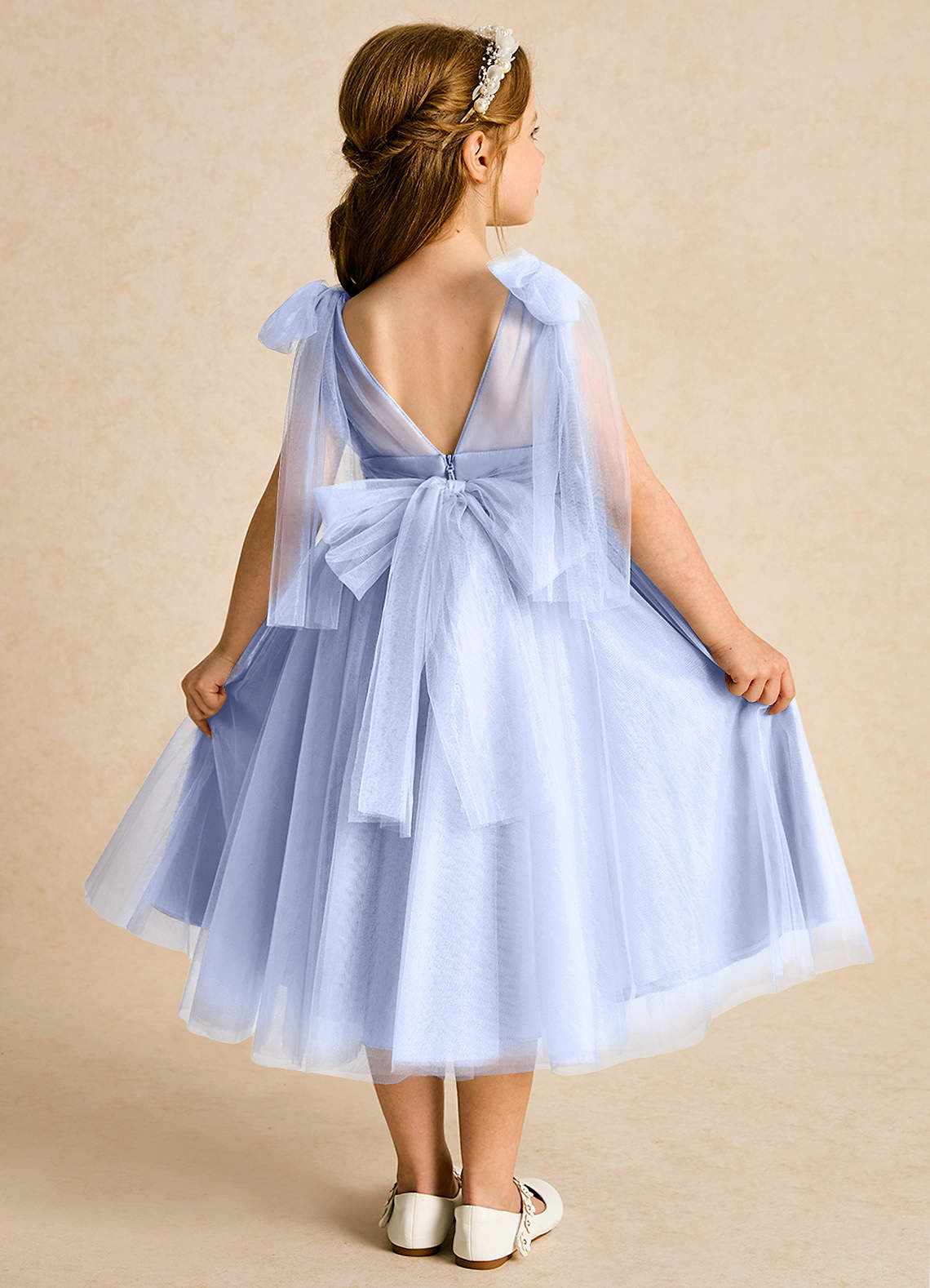 Azazie Dori Robe Demoiselle D'honneur Fillette Robe Trapèze en Tulle Rayé Eis image1