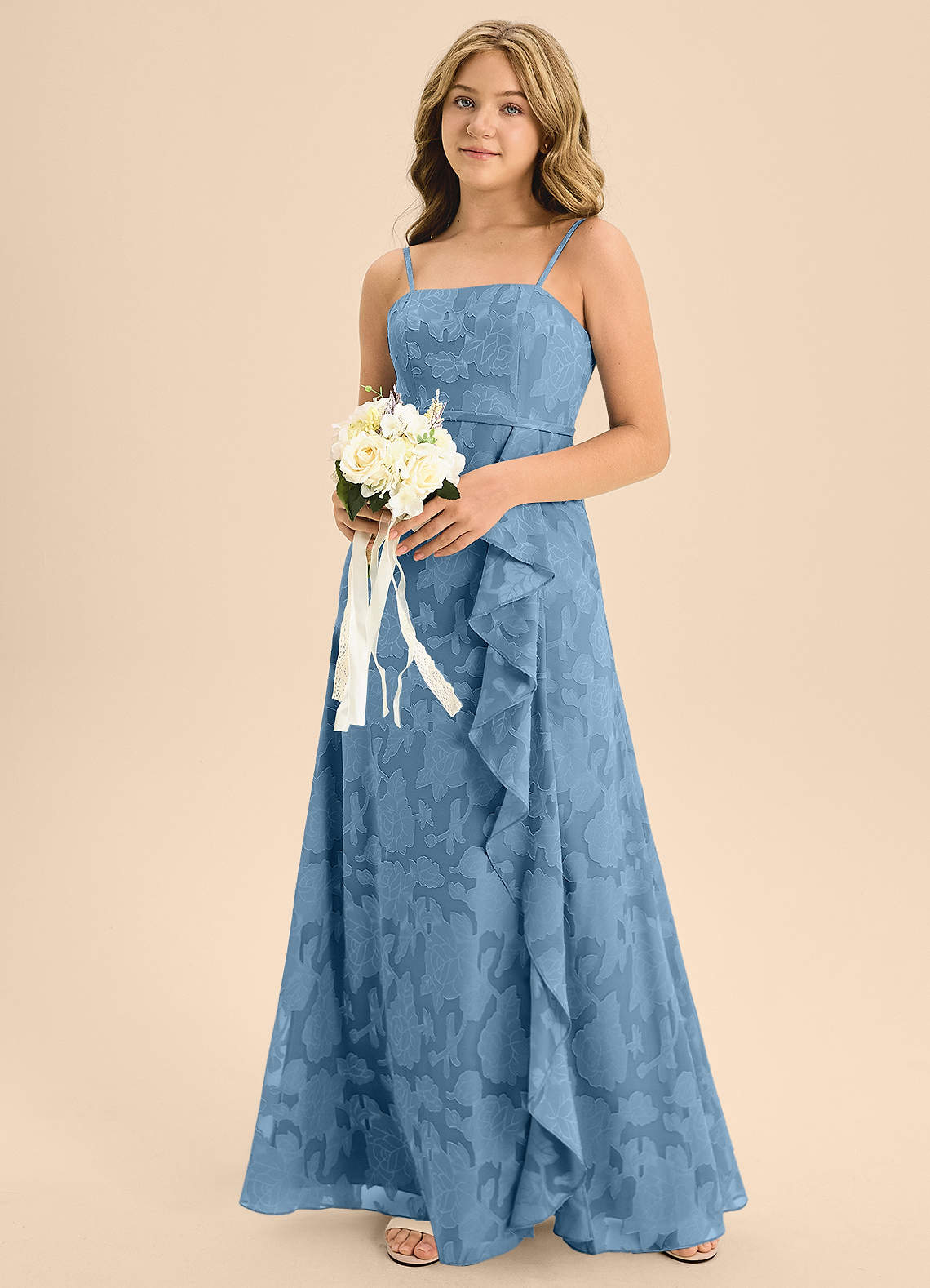 Azazie Kaylee Junior Vestido de Azul Acero de Devorado Floral de Corte En A con Con cinturón image5
