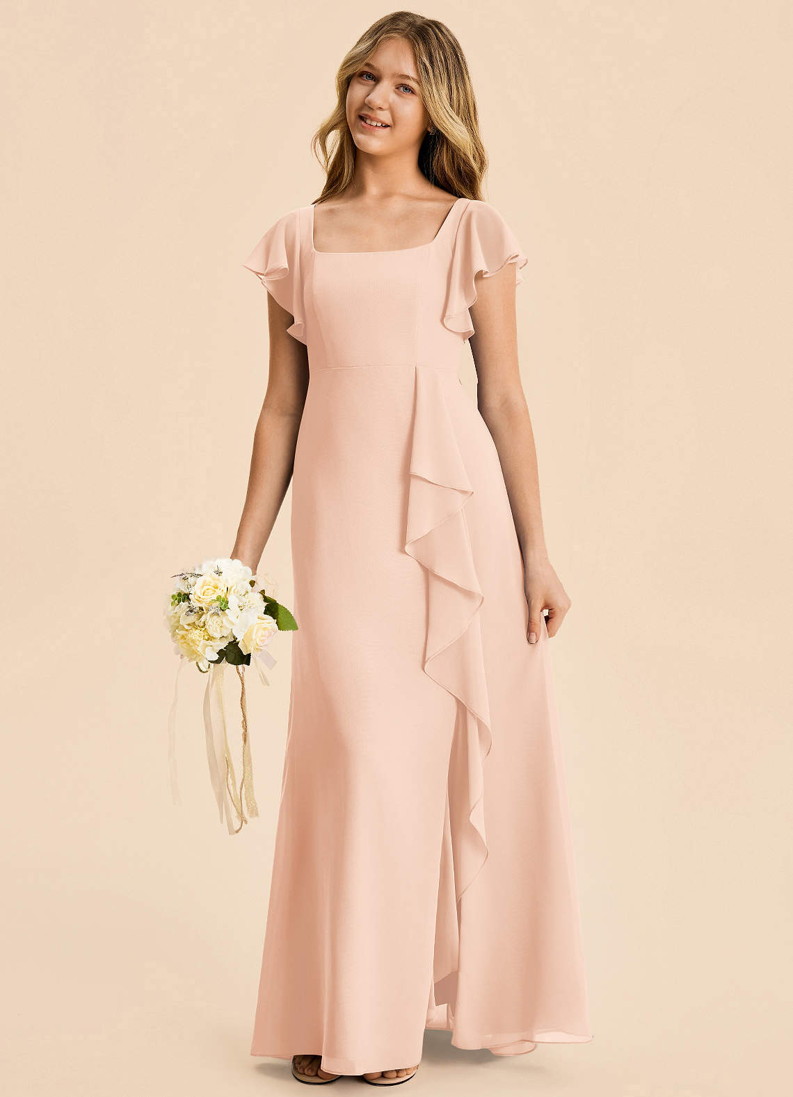 english rose bridesmaid dress Azazie Noah Junior in Birdy grey