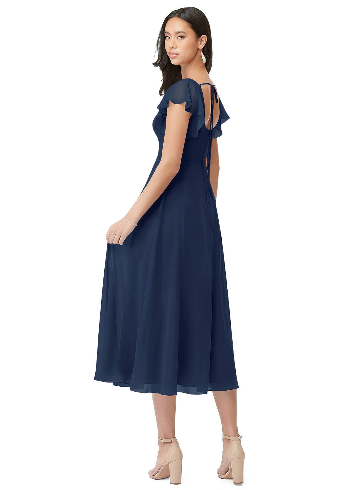 tea length bridesmaid dresses navy Navy Blue Mother Of The Bride Dresses Tea Length 3/4 Sleeves Mother Of The Bride Dress with 3D Flowers
