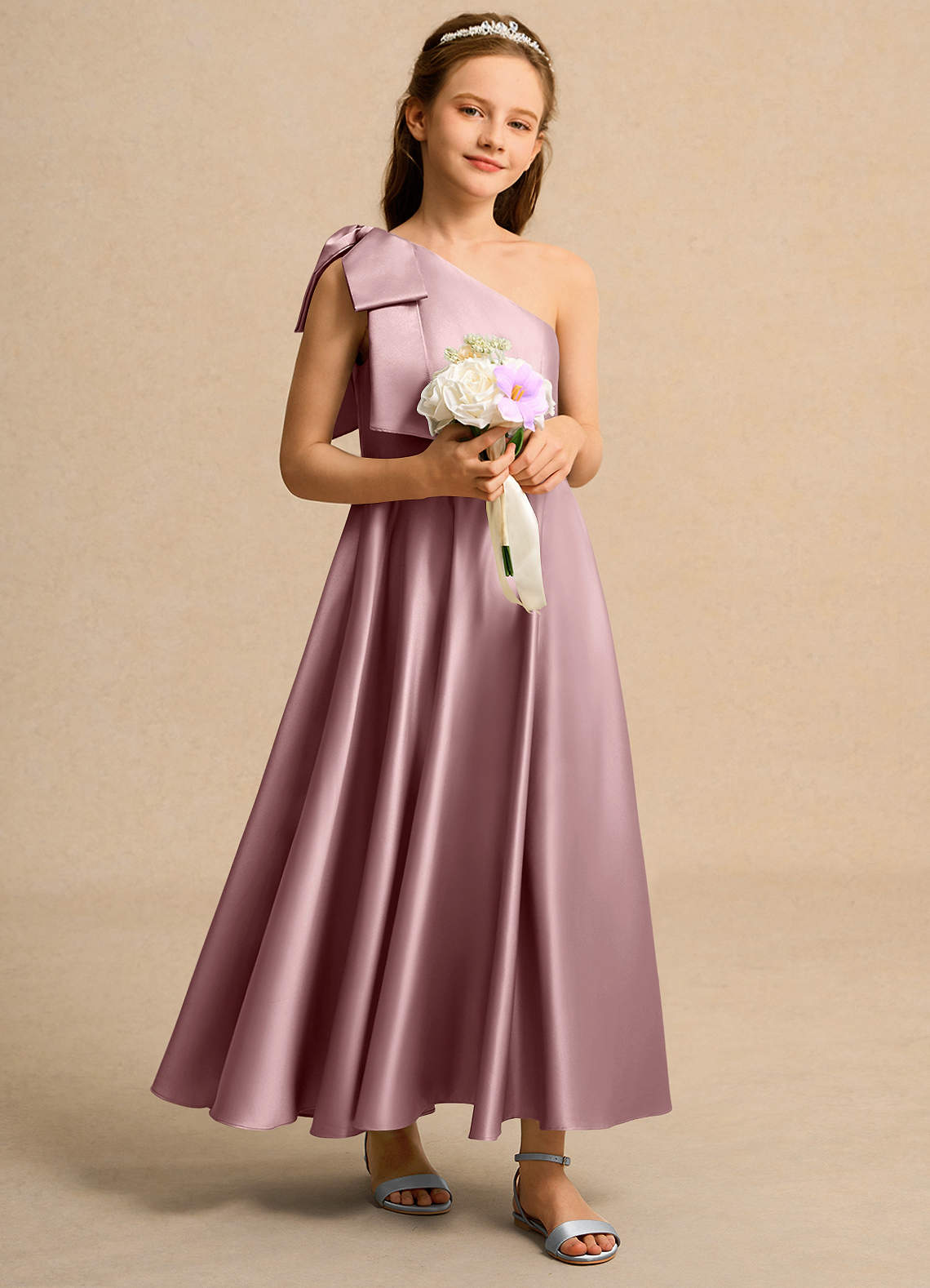 Azazie Guppy Girl Blumenmädchenkleider A-Linie One-Shoulder Matte Satin Kleid Altrosa image1
