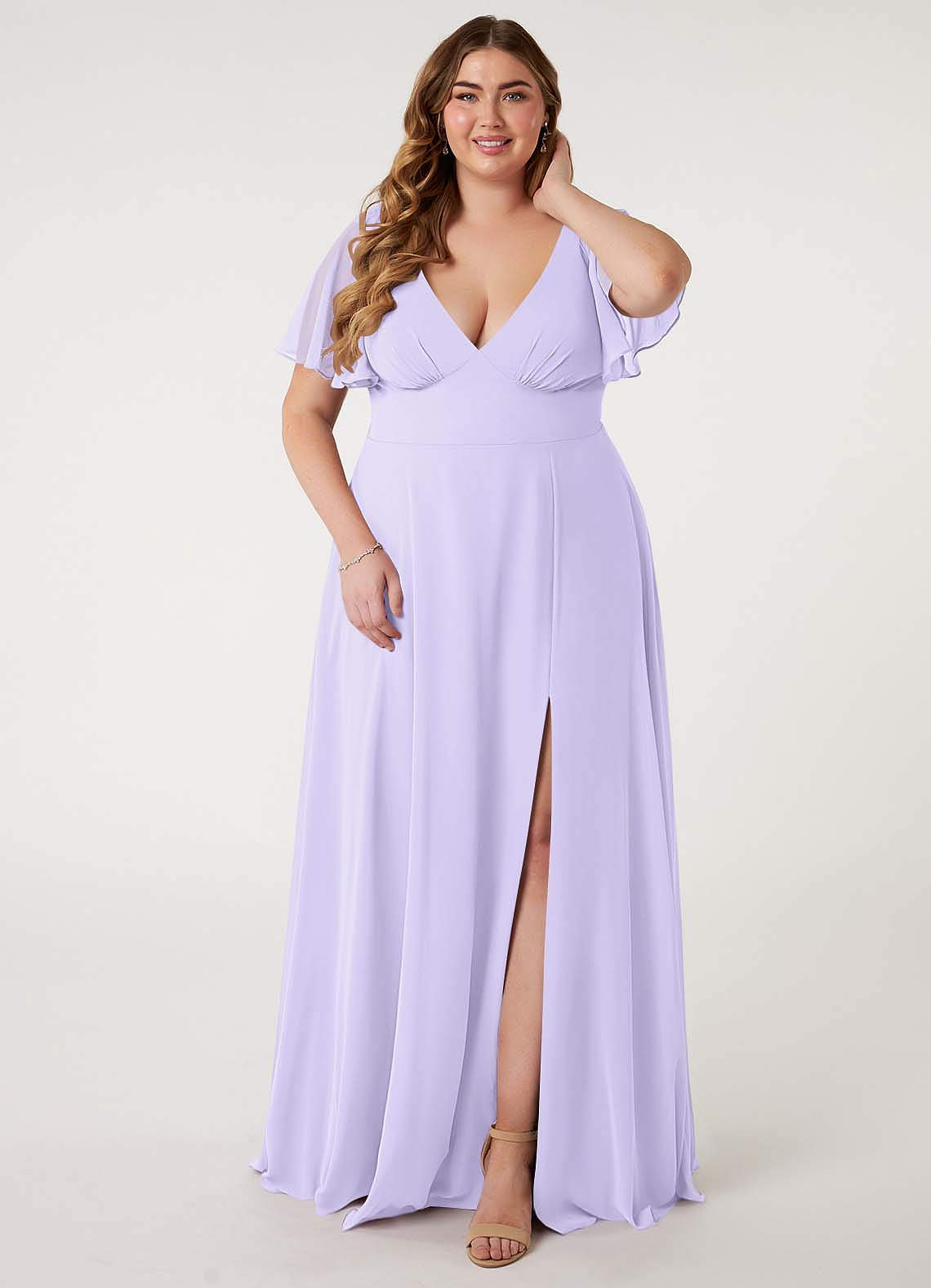 Azazie Kimber Bridesmaid Dresses Lilac A-Line Flounce Sleeve Chiffon Dress image1